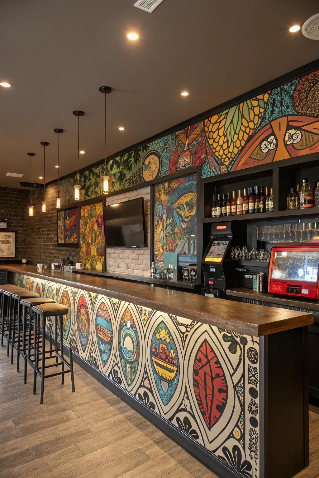 An artistic backsplash can be a stunning visual focal point in your bar area.