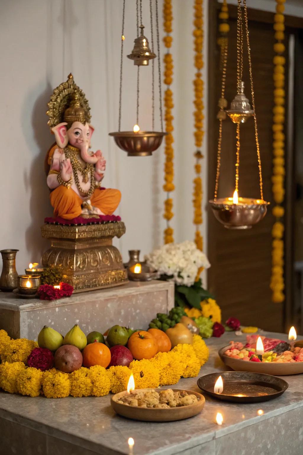 Hanging diyas add a warm and traditional glow.