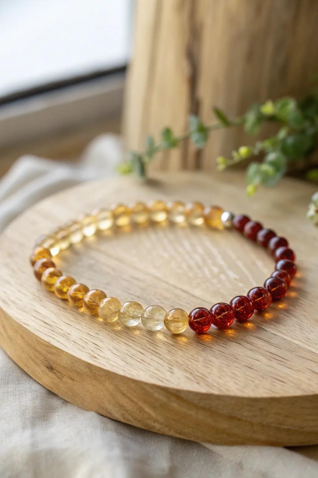 Embrace the warmth of a sunset with this exquisite glass bead bracelet, a perfect blend of elegance and natural beauty.