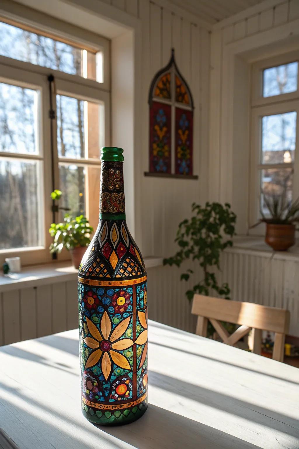 Transform ordinary bottles into stunning vintage art with stained glass paint. Let the sunlight enhance their beauty!