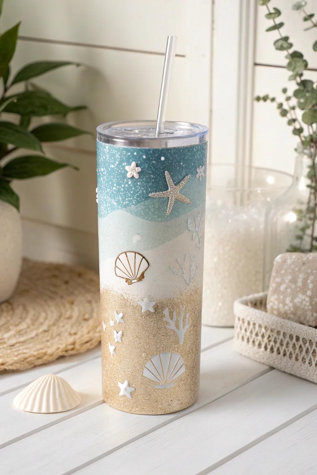Embrace the serene beach vibes with this beautifully crafted glitter tumbler, perfect for your coastal-inspired moments.