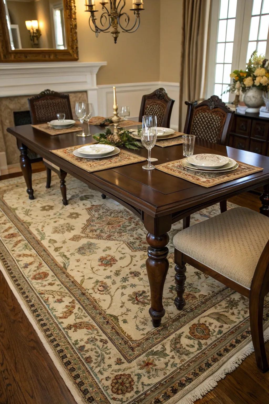 A vintage rug that adds warmth and historical charm to the dining area.