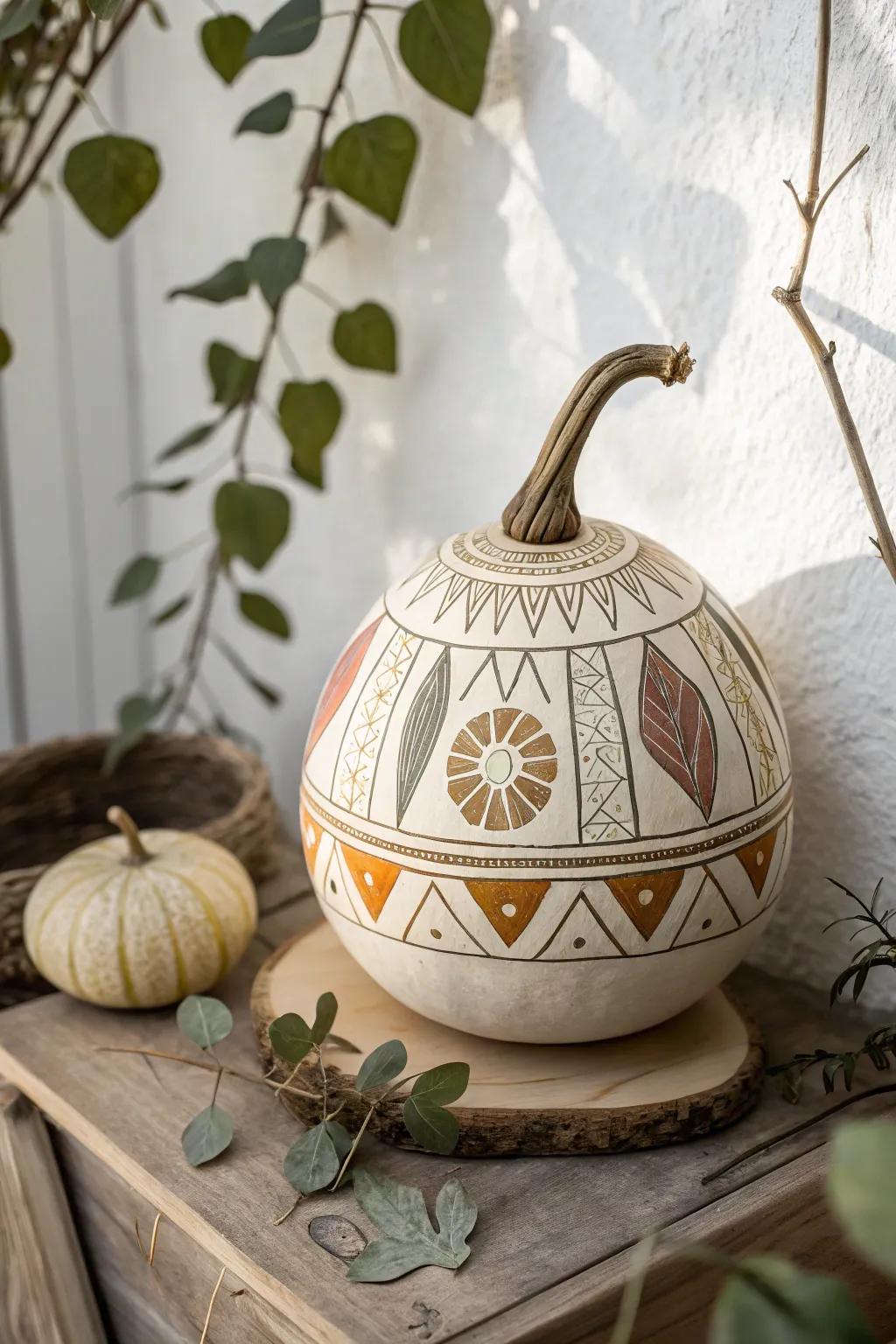 Elevate your decor with the elegance of geometric patterns on natural gourds, blending minimalist style with bohemian charm.