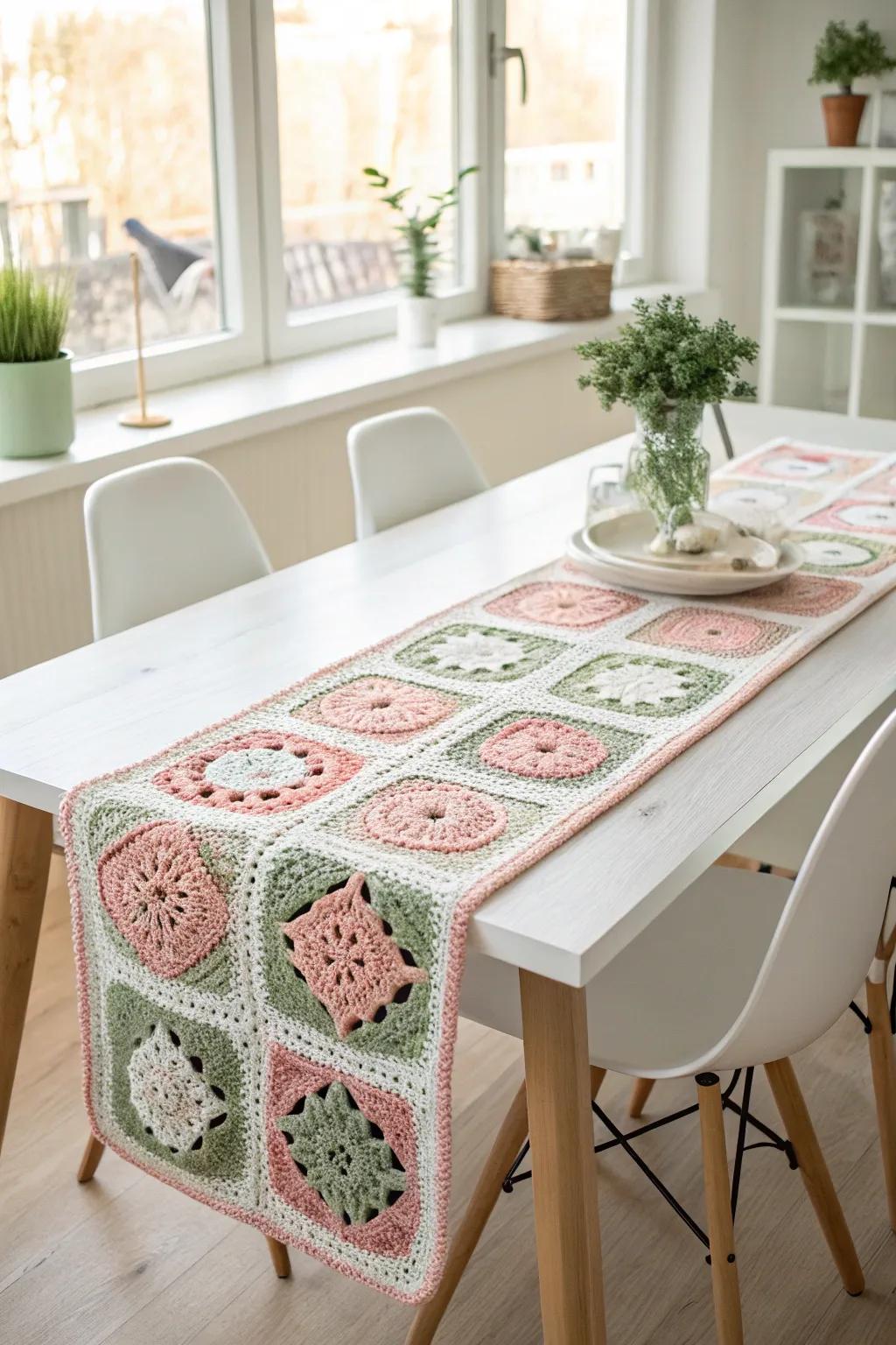 Add a splash of color and craftsmanship to your dining area with a stunning granny square table runner!