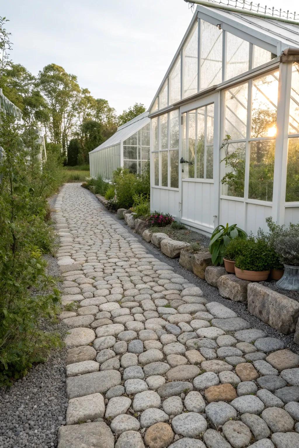 Discover the timeless charm of cobblestone foundations for your greenhouse.