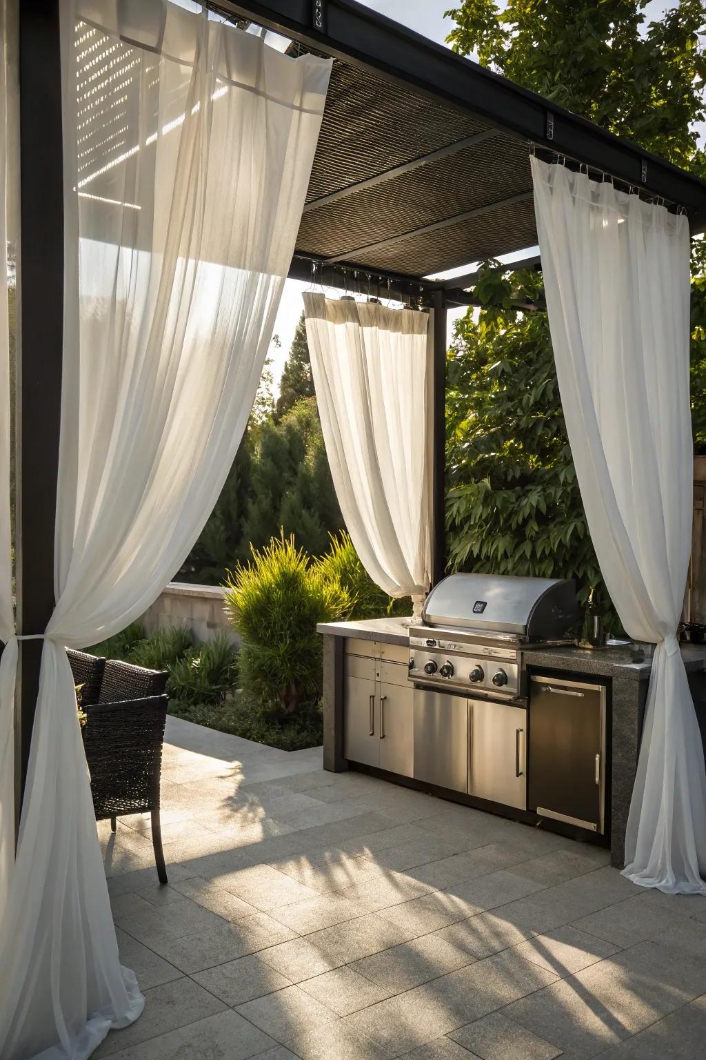 Elevate your grilling experience with elegant outdoor curtains that dance in the wind.