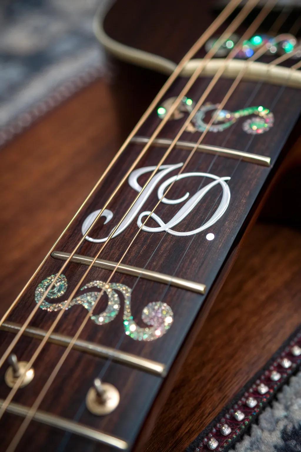 Elevate your guitar's style with a sophisticated monogram inlay—make it truly yours.