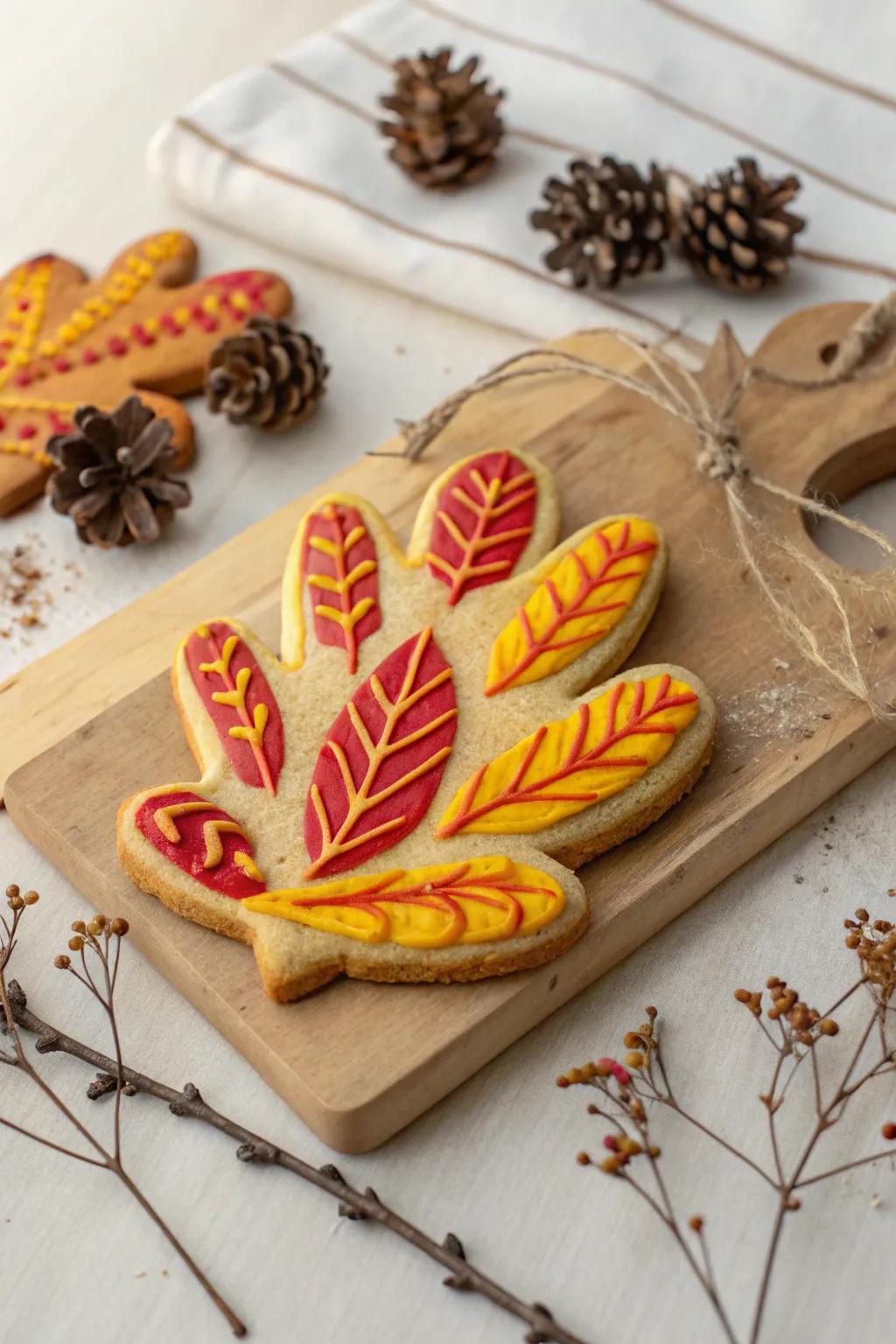 Delight in the artistry of an edible hand turkey cookie, merging festive creativity with minimalist charm.