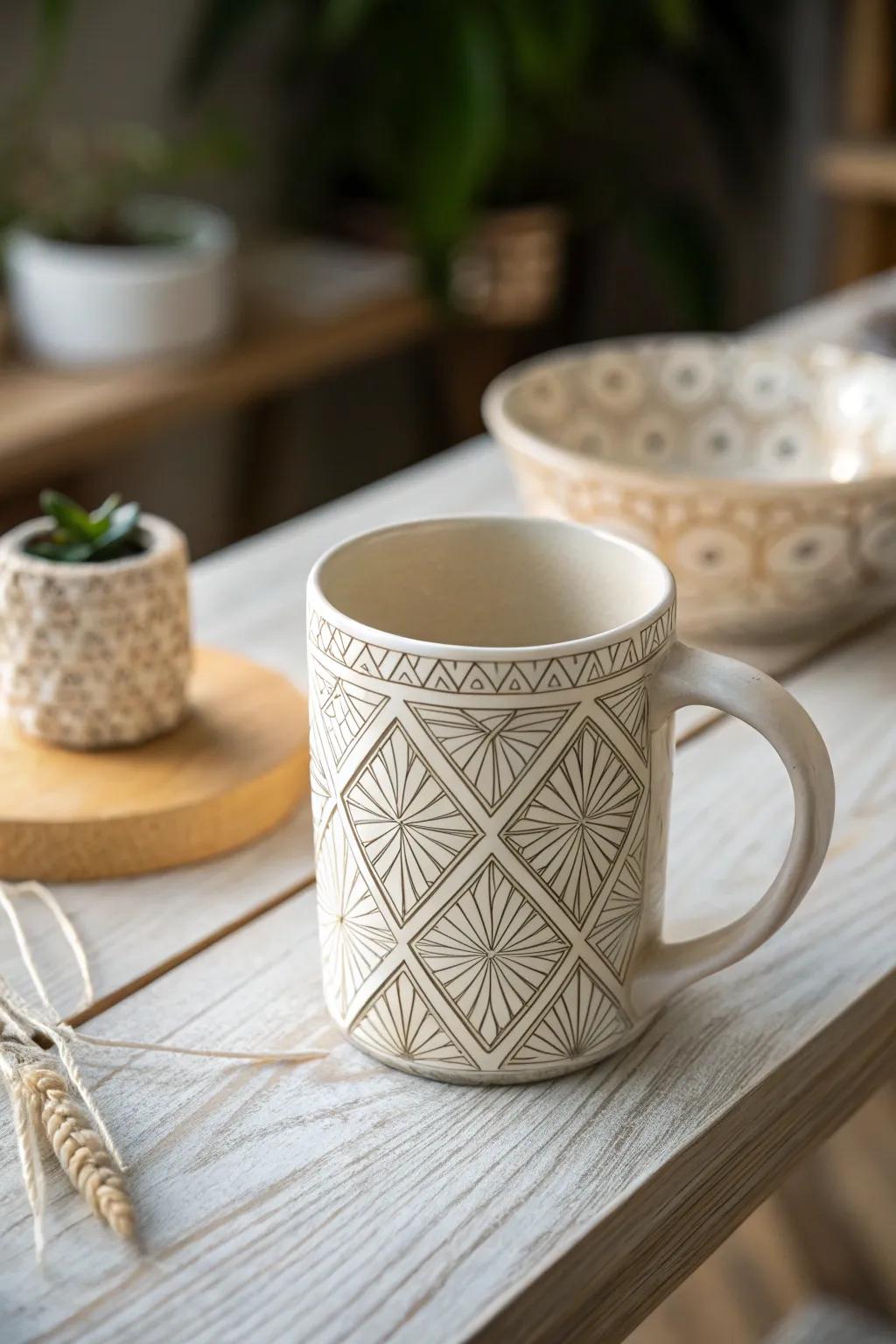 Sip in style with this stunning geometric patterned mug, where modern design meets artisanal beauty.