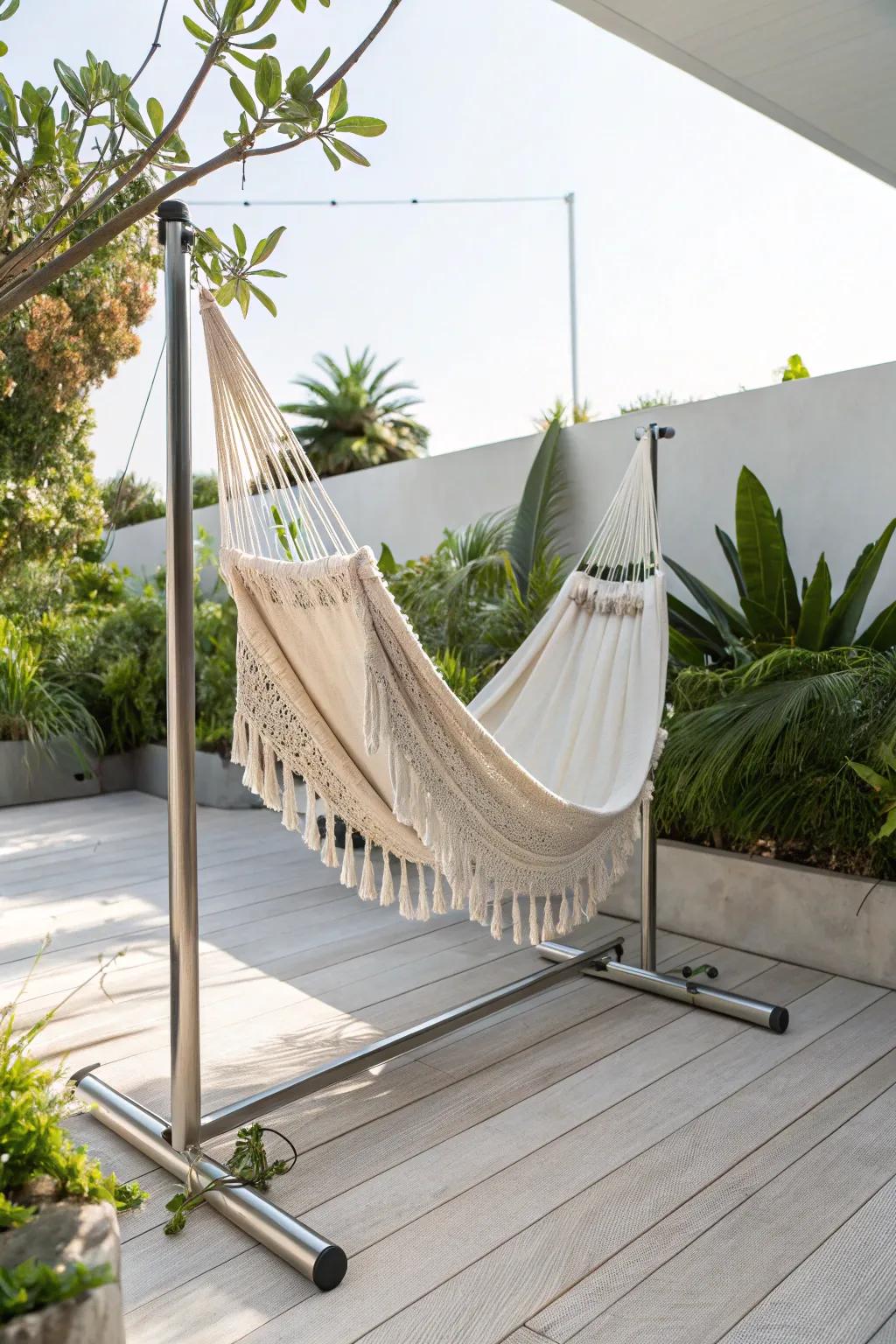 Elevate your outdoor space with a chic, metal freestanding hammock frame—where modern design meets serene relaxation.