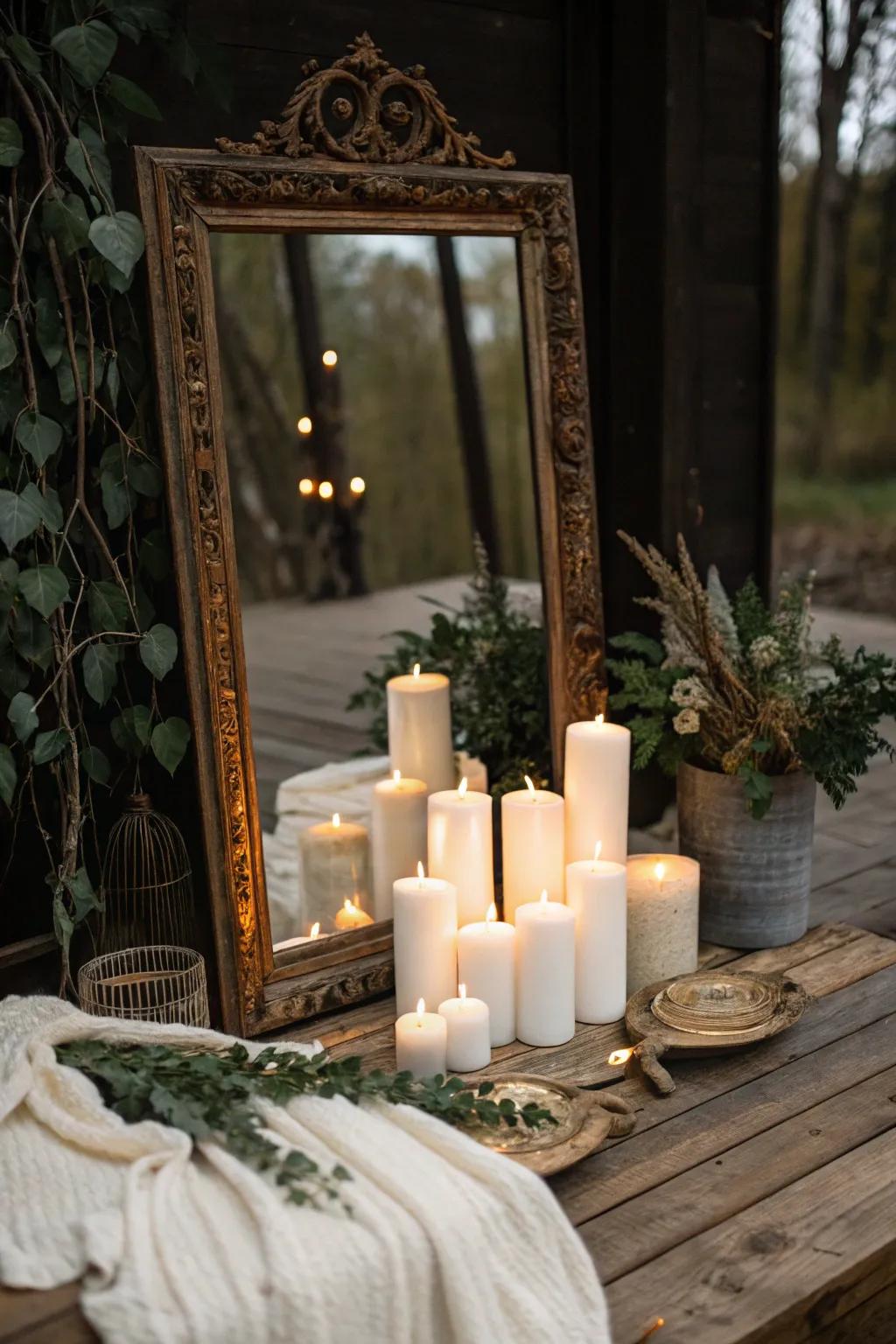 Create a hauntingly beautiful atmosphere with the simple elegance of candles and mirrors.