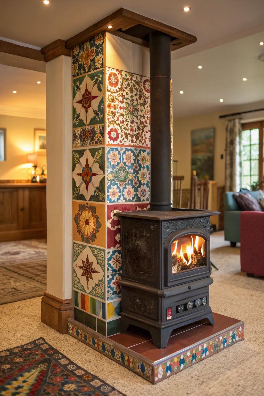 Colorful tiles bring personality to the hearth.