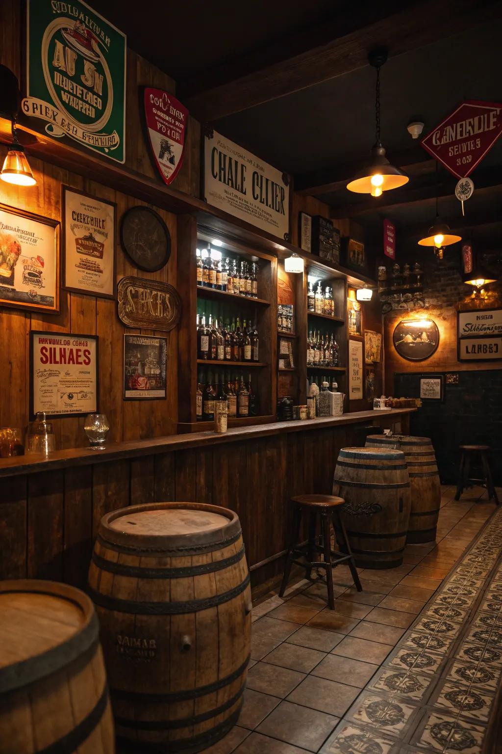Themed decor elements personalize your whiskey bar space.