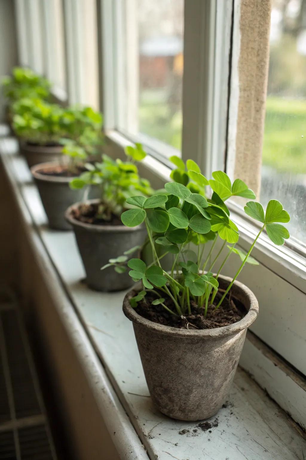 Lush felt clover plants brighten a windowsill.
