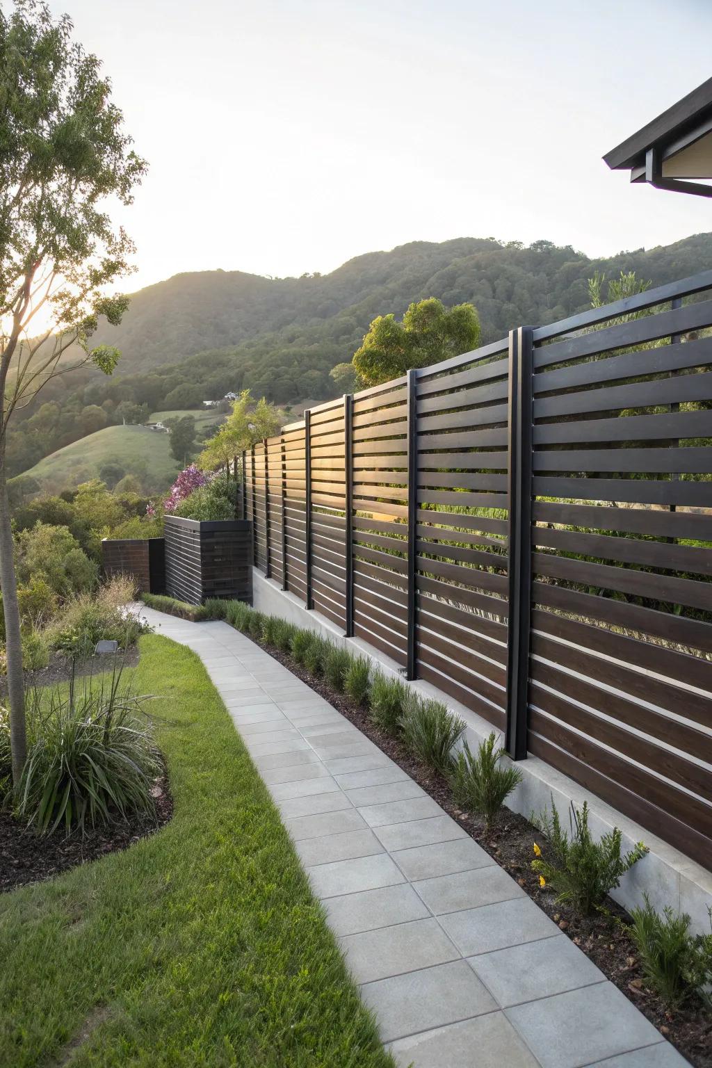 Elevate your sloped garden with a stylish louvered horizontal fence that blends privacy with elegance.