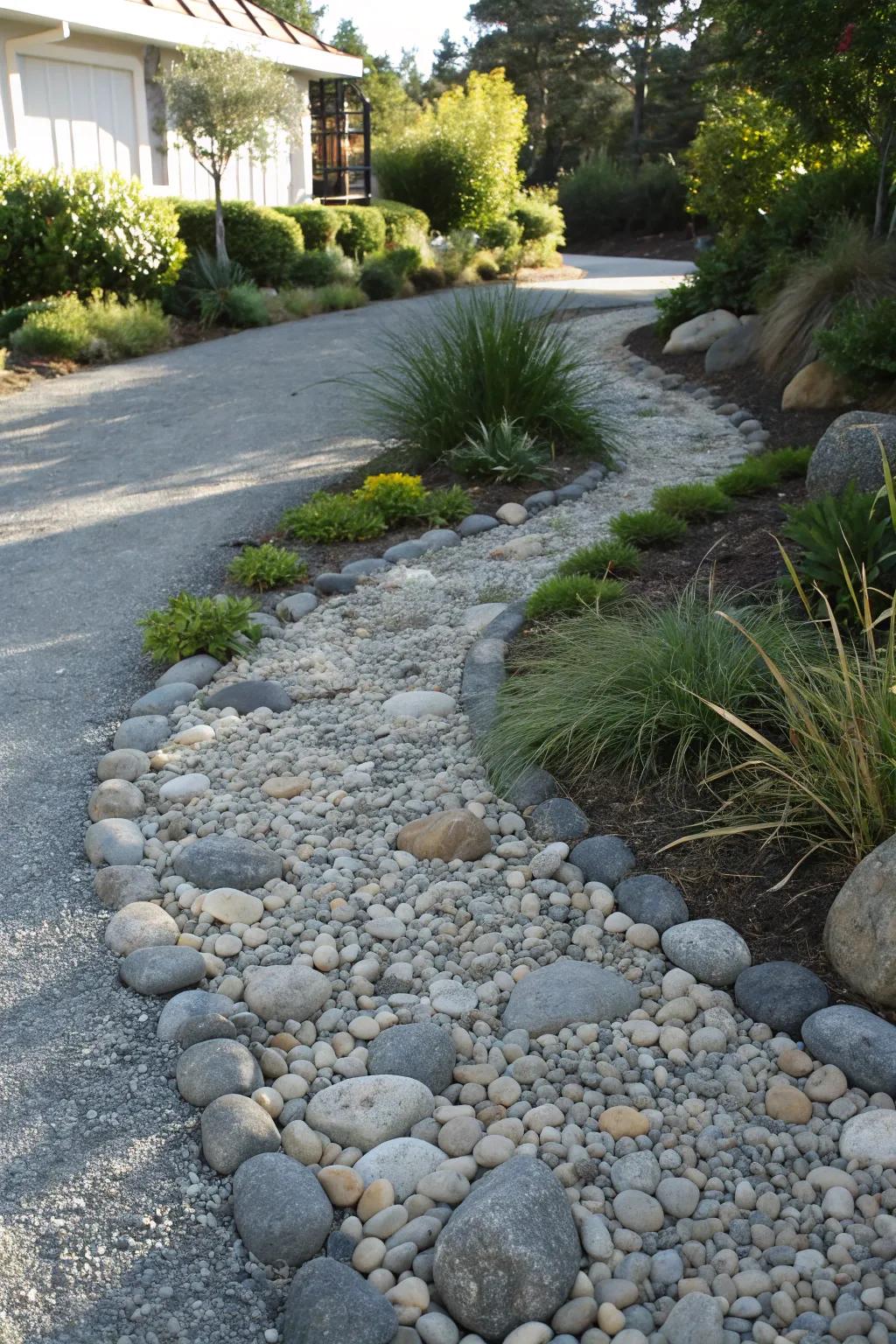 Transform your driveway into a landscape masterpiece with a stunning dry river bed design.