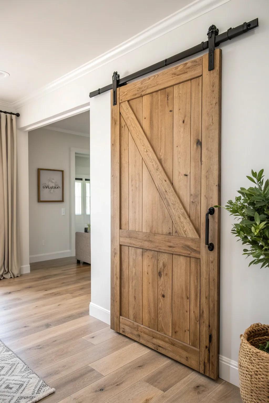 Transform your space with the rustic elegance of sliding barn doors, where simplicity meets warmth.