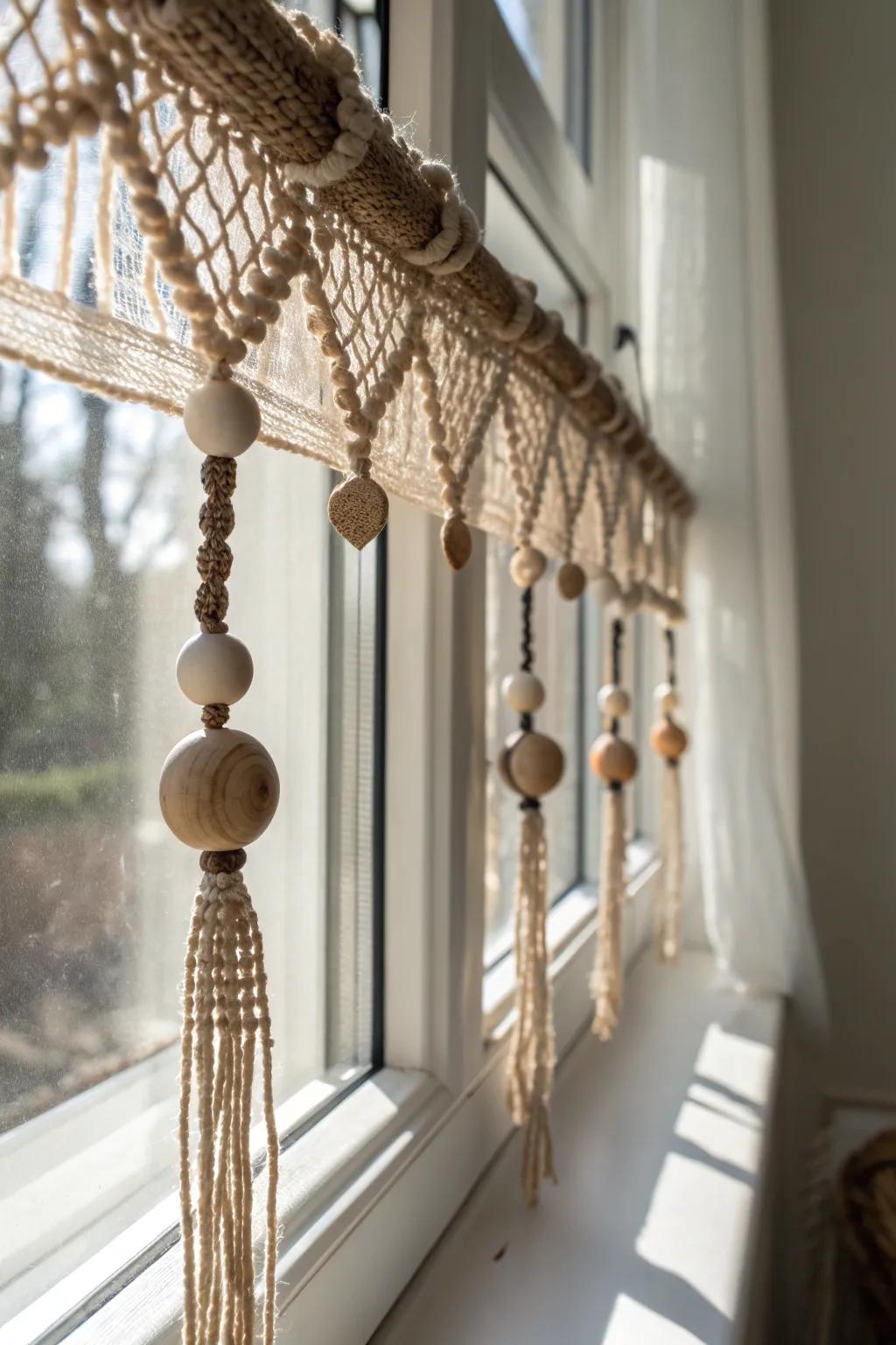 Elevate your window with a touch of boho charm using a handcrafted twine and bead valance.