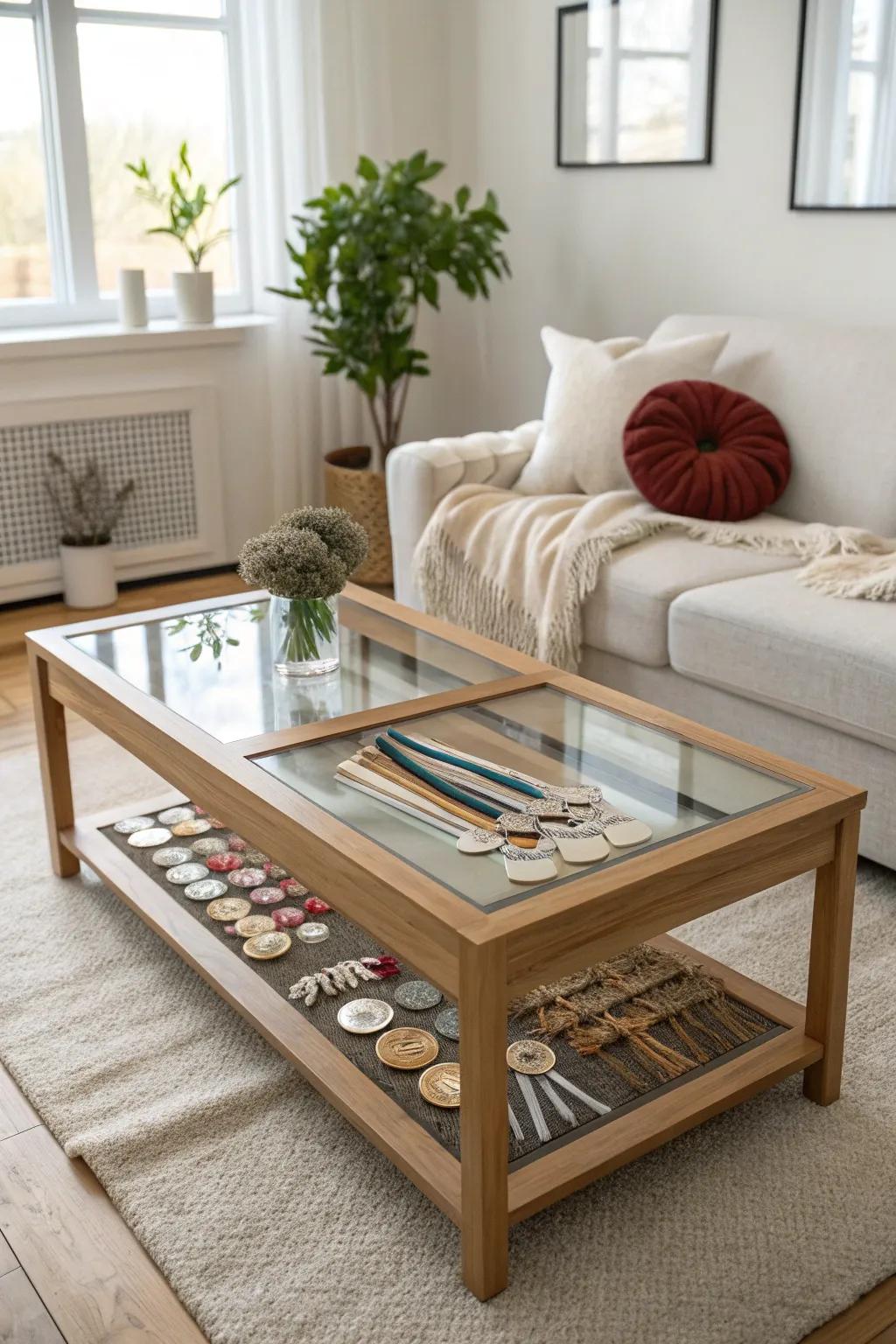 Display your achievements with elegance and style - a glass-topped coffee table transforms medals into art.