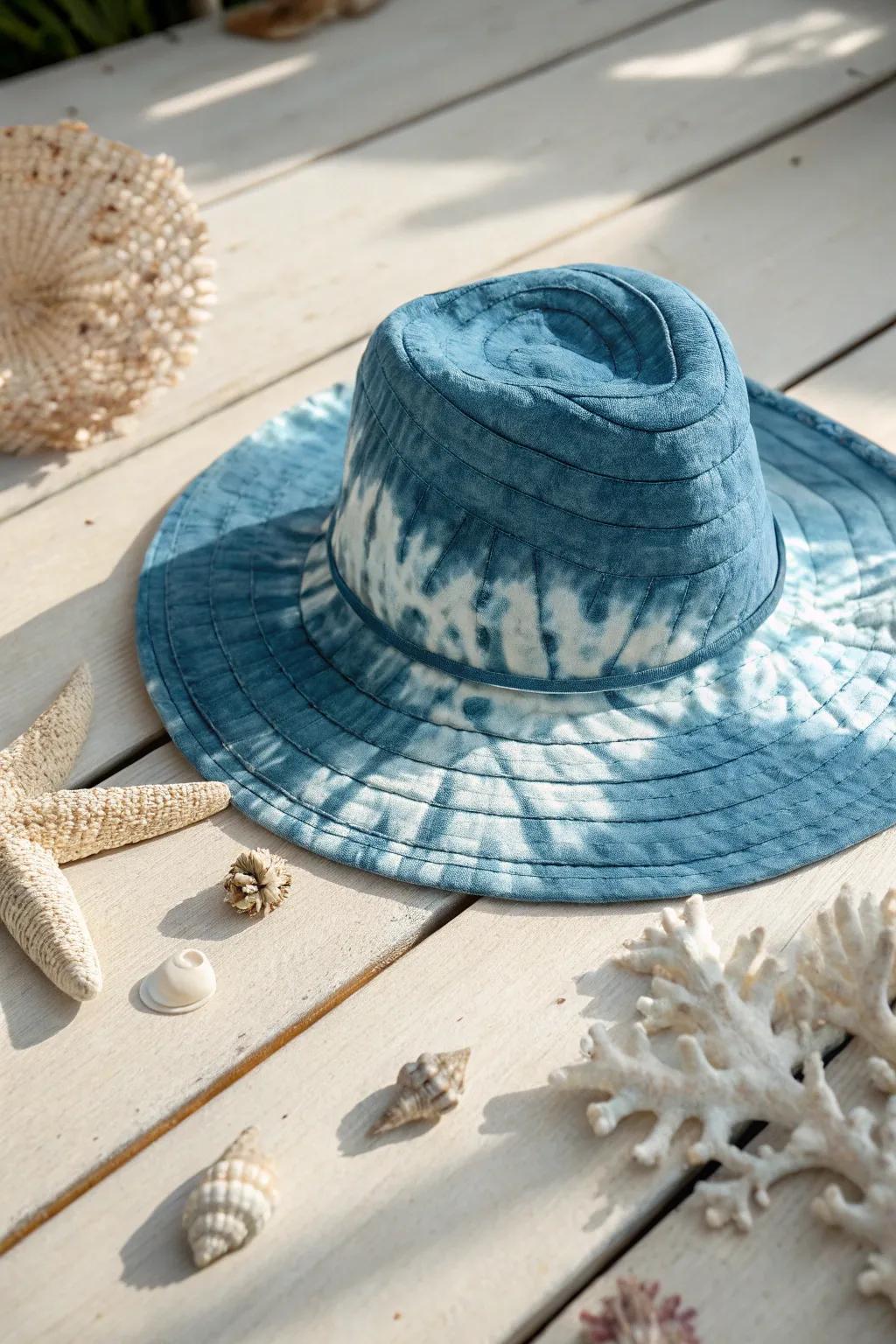 Embrace oceanic serenity with a tie-dye hat that captures the essence of the sea.