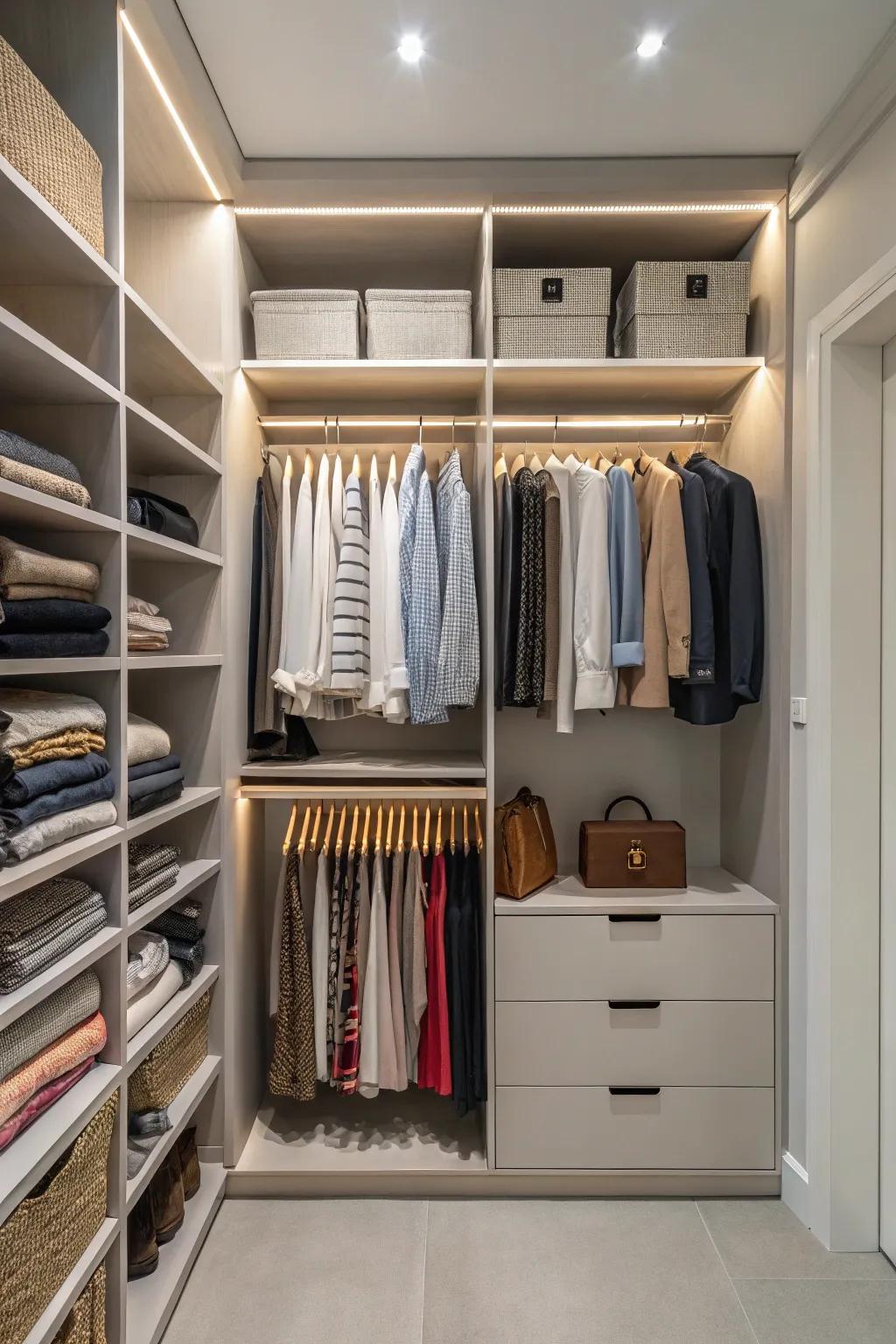 Zoning within closets simplifies organization and access.