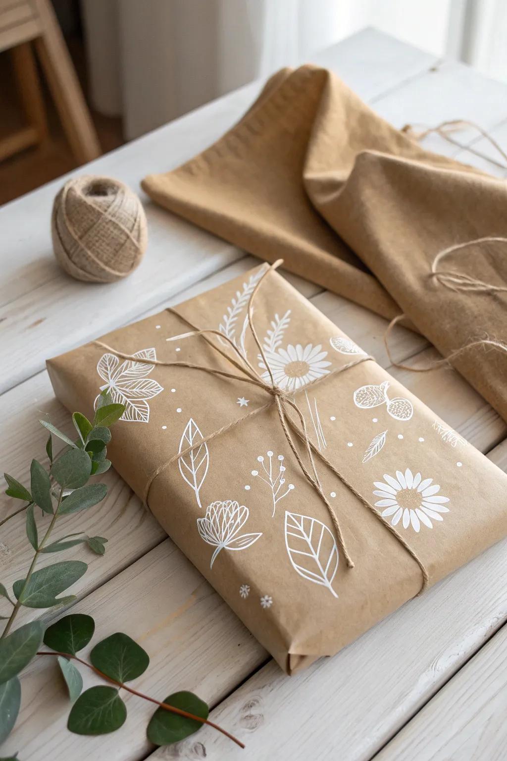 Elevate your gift wrapping with the rustic charm of hand-decorated kraft paper. Perfect for the artful and thoughtful gifter.
