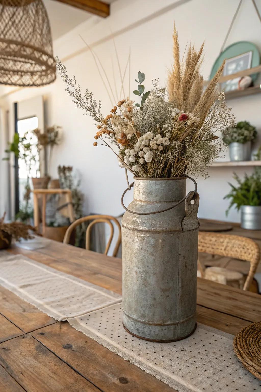 Transform history into art with a rustic milk can centerpiece that tells a story.