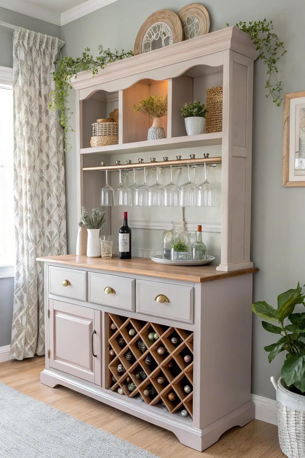 Elevate your home entertaining with this chic hutch-turned-bar, where craftsmanship meets natural beauty.