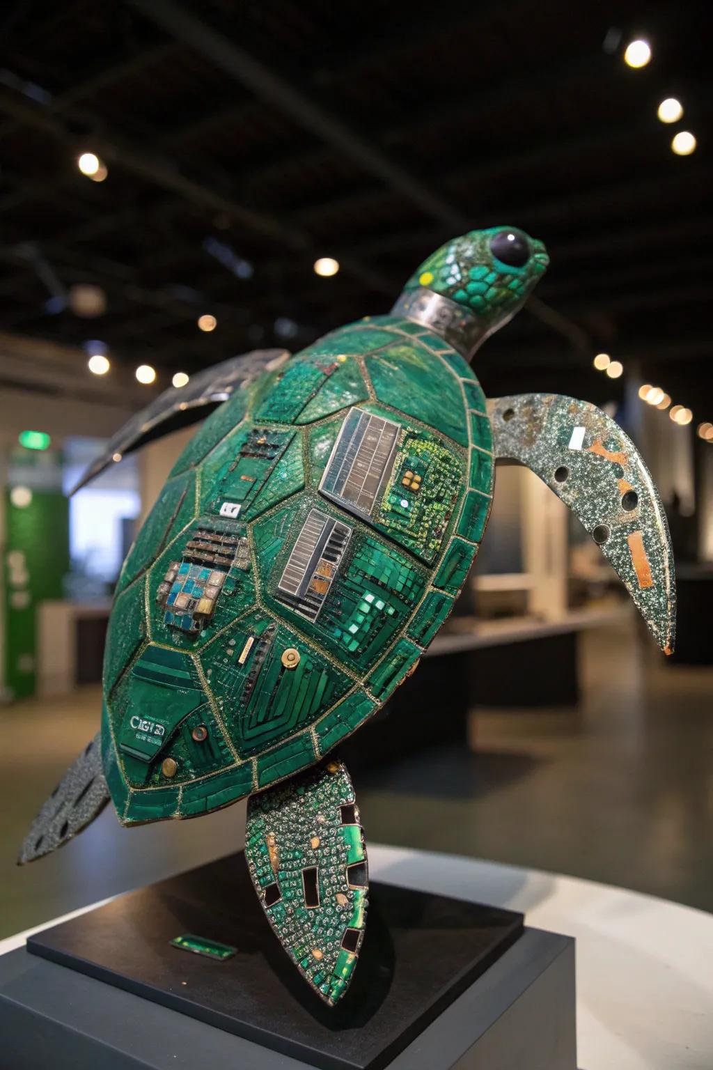 Dive into the future with this captivating circuit board sea turtle sculpture. Innovation meets art.