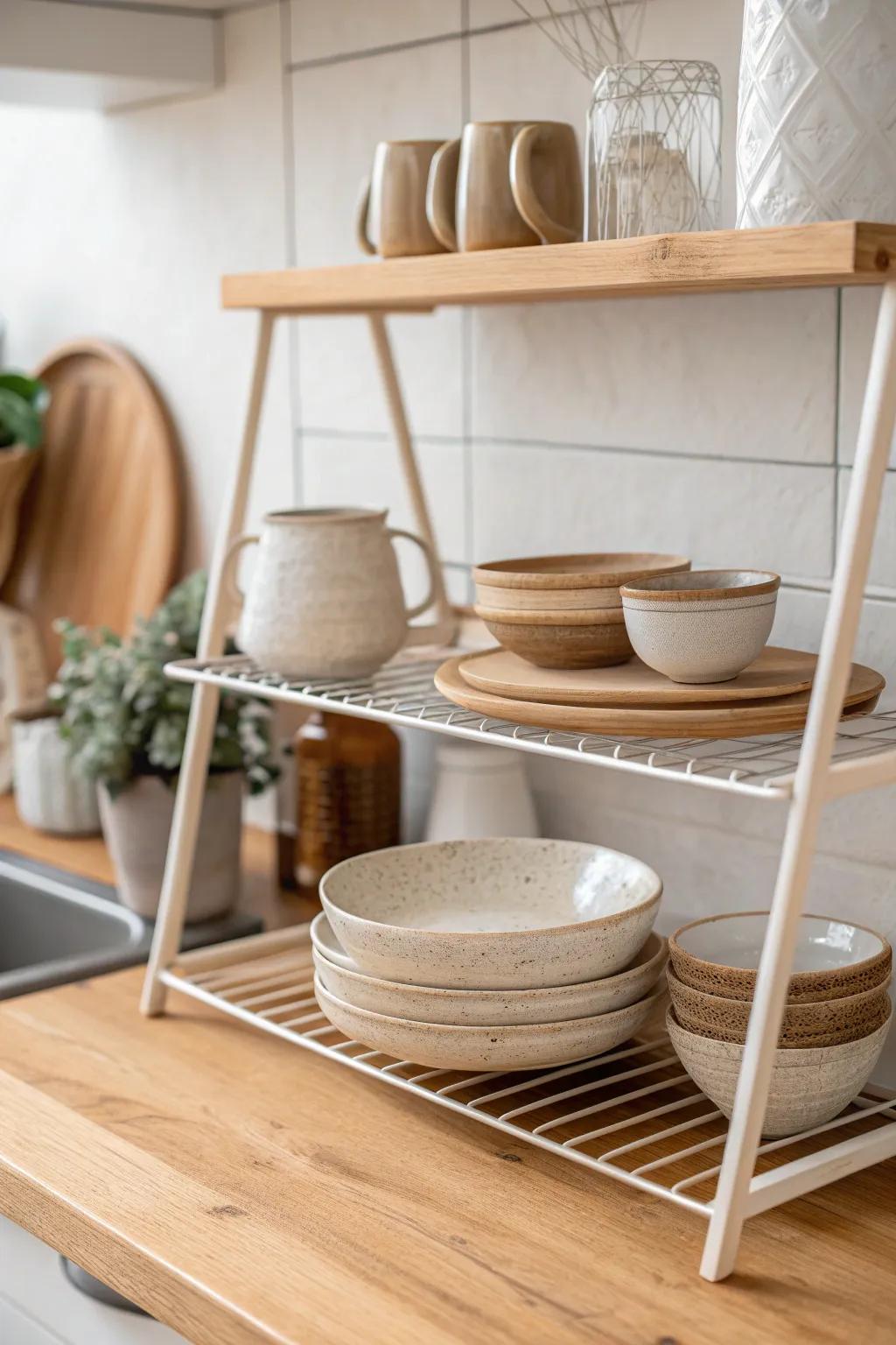 Elevate your kitchen space with beautifully crafted tiered shelf risers—where simplicity meets stunning functionality.