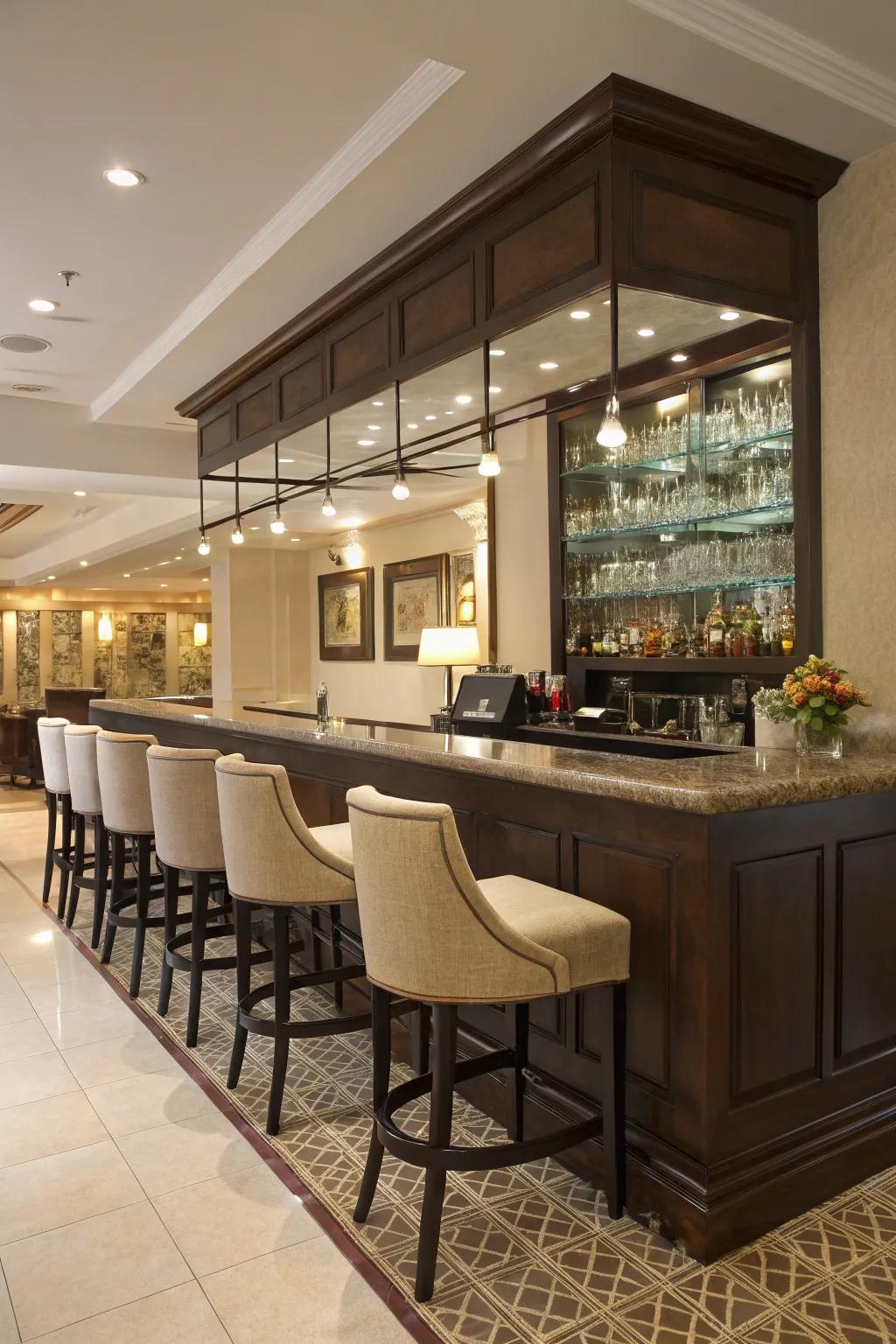 Comfortable seating enhances the social vibe of this L-shaped wet bar.