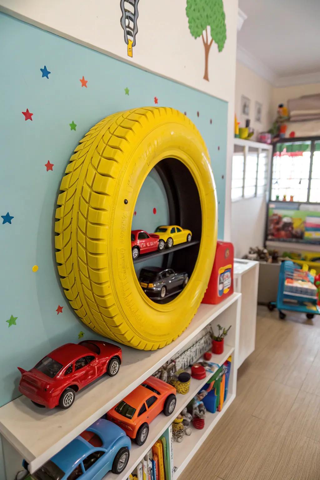DIY tire shelves add a unique flair to storage.