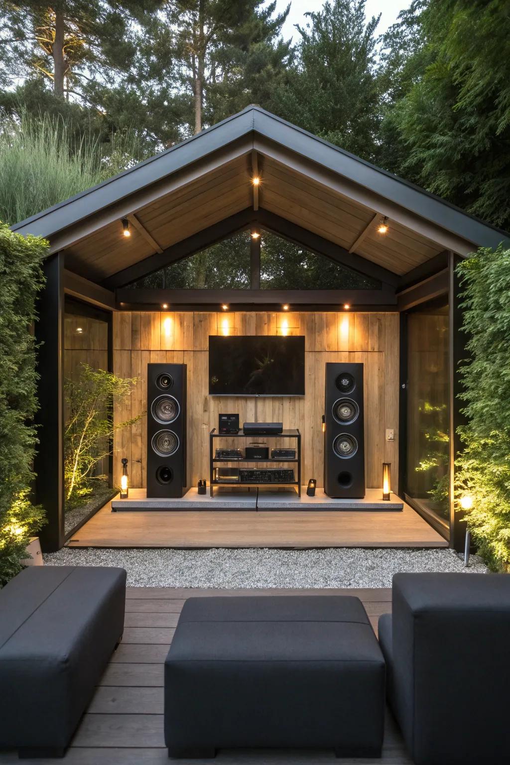 Transform your shed into the ultimate outdoor entertainment zone with cutting-edge sound and ambient lighting.
