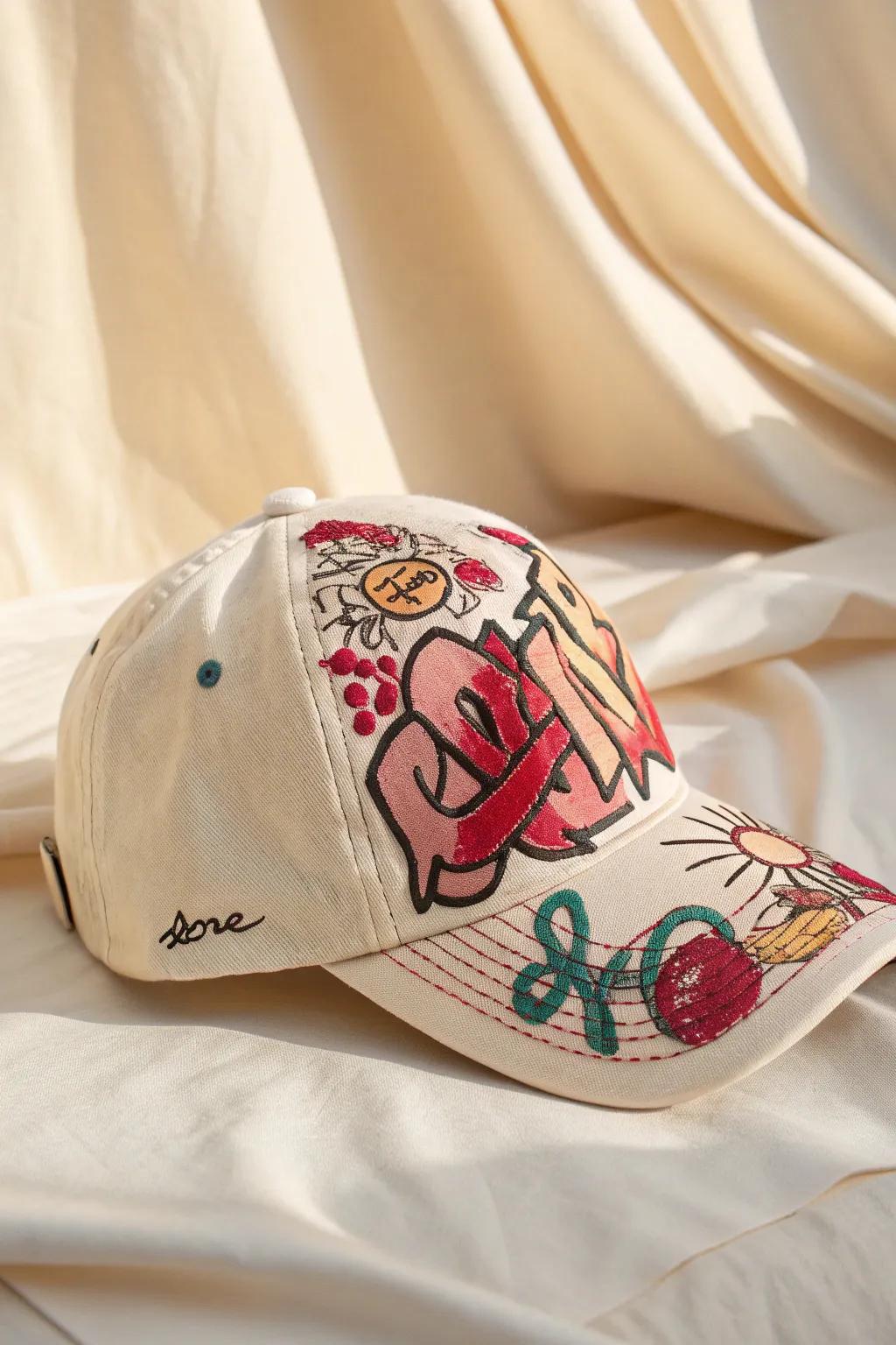 Urban flair meets minimalist chic with this graffiti-embroidered cap.