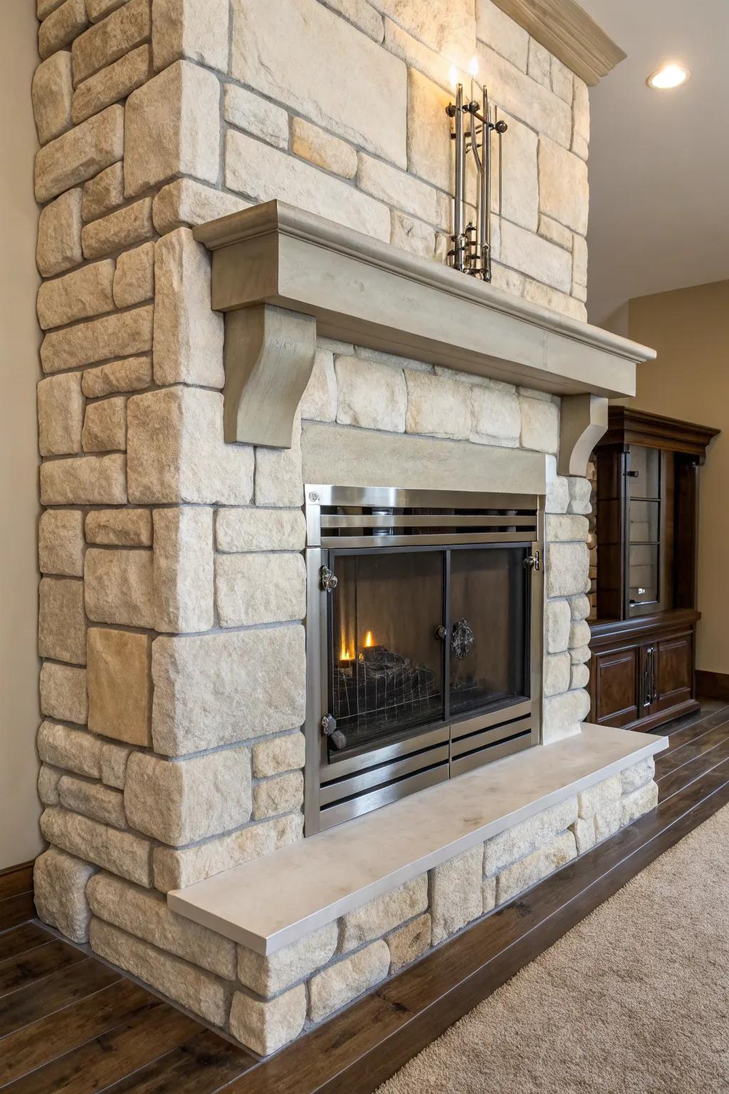 Metal accents give an industrial edge to a light stone fireplace.