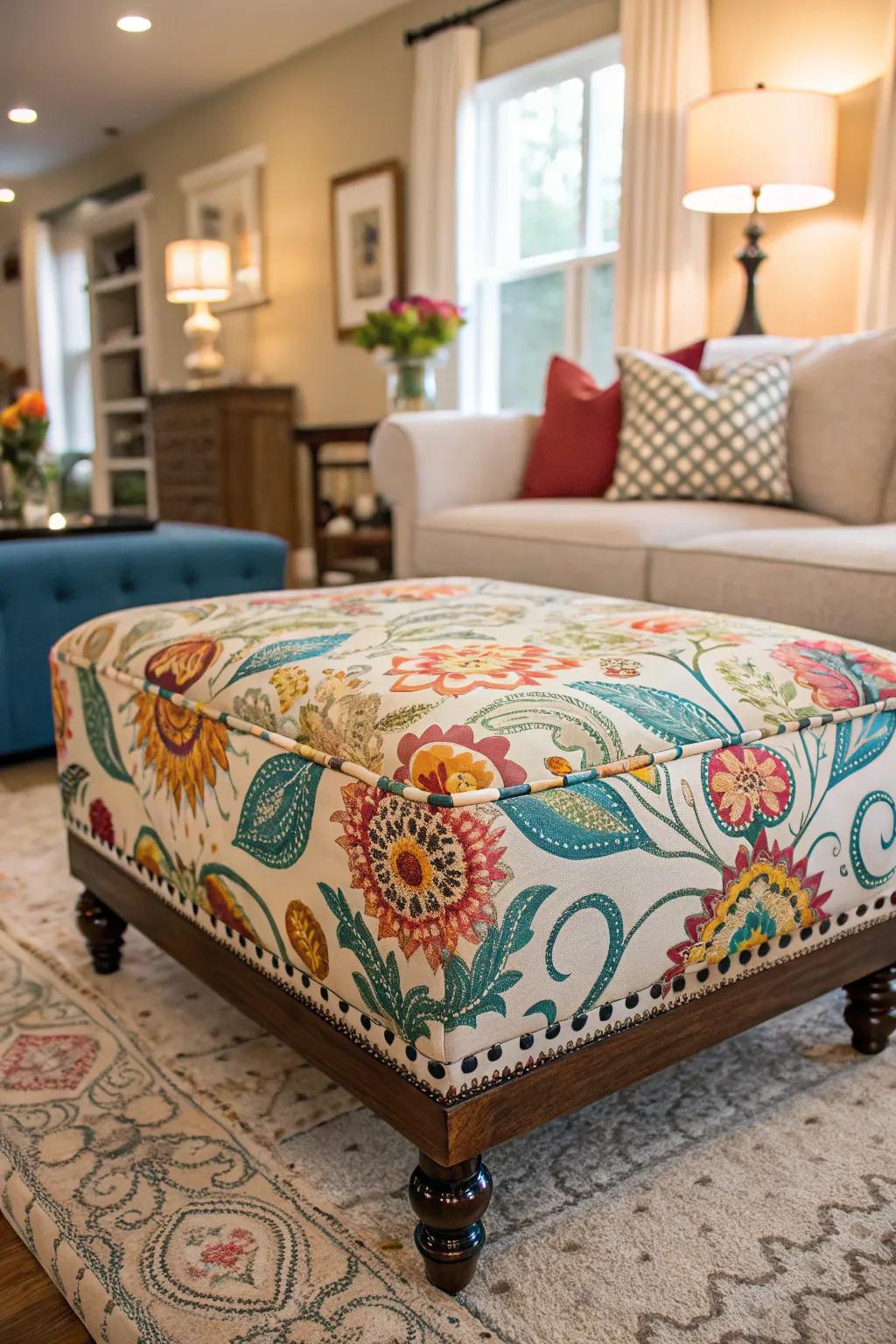 A custom ottoman offers both style and function.