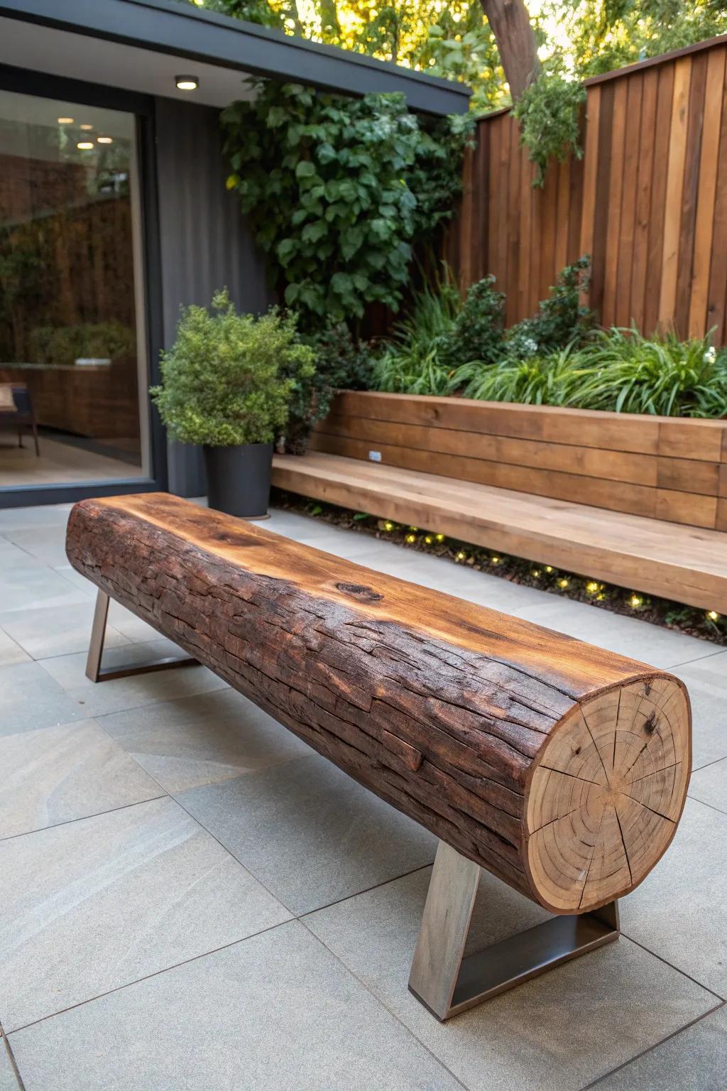 Elevate your outdoor space with the mesmerizing elegance of a floating log bench. #DIYGenius