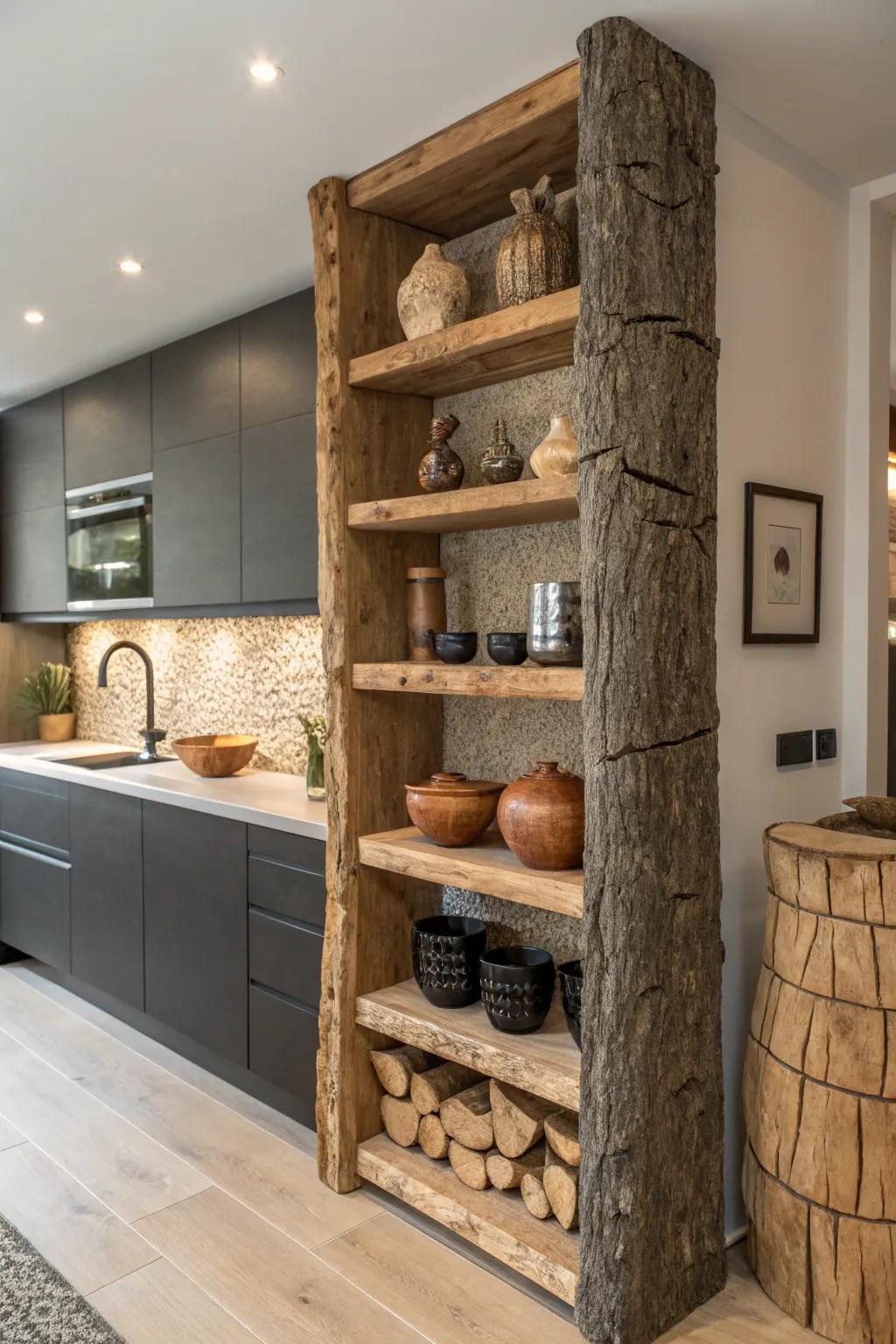 Elevate your kitchen style with a rustic log shelving unit, perfect for showcasing artisanal pottery.