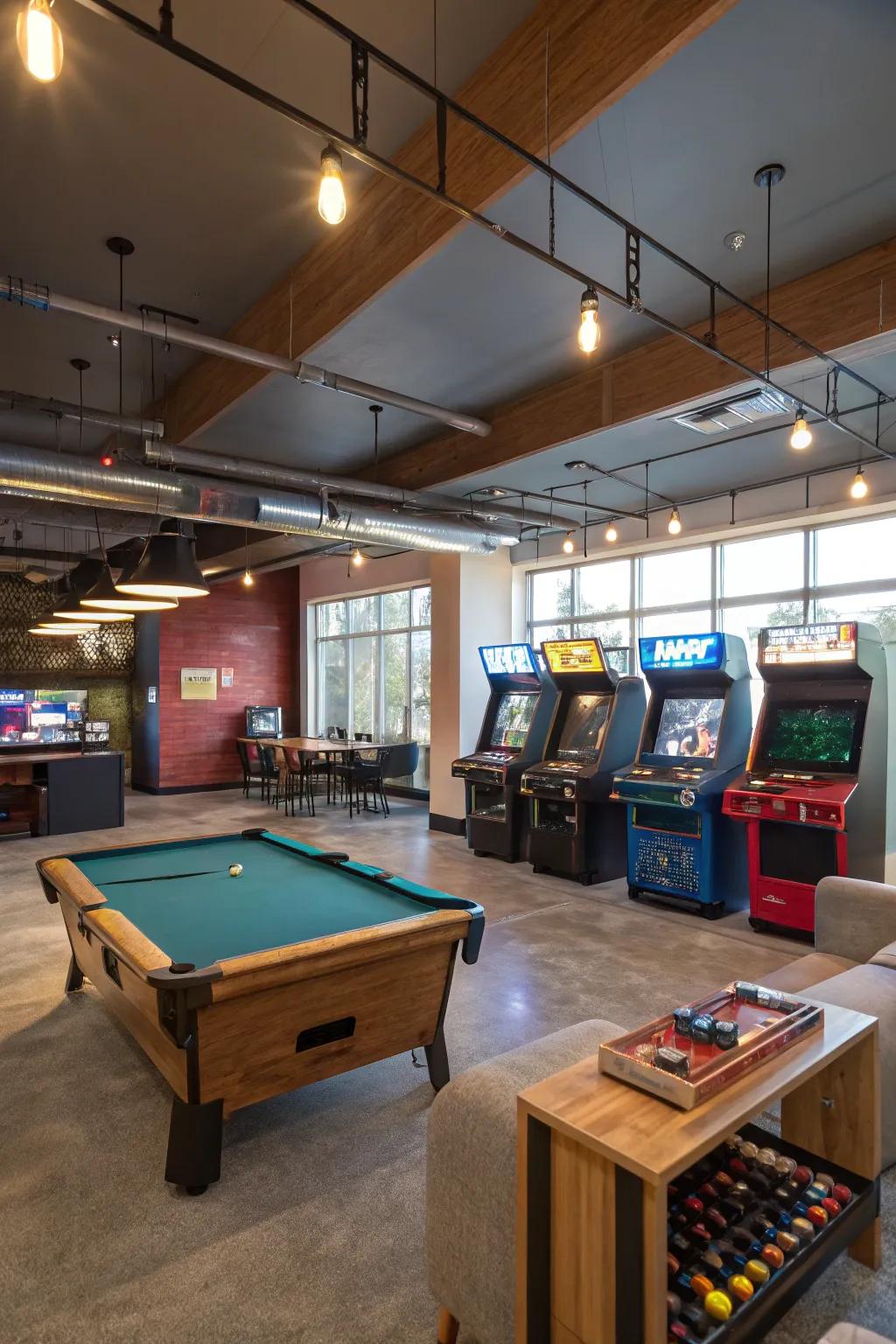 Multiple activity zones offering diverse entertainment options in a game room.