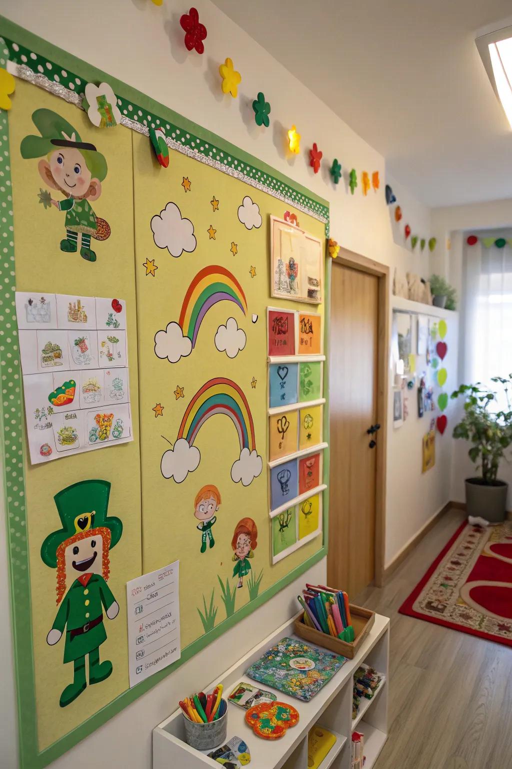A whimsical bulletin board with leprechaun and lucky charms.