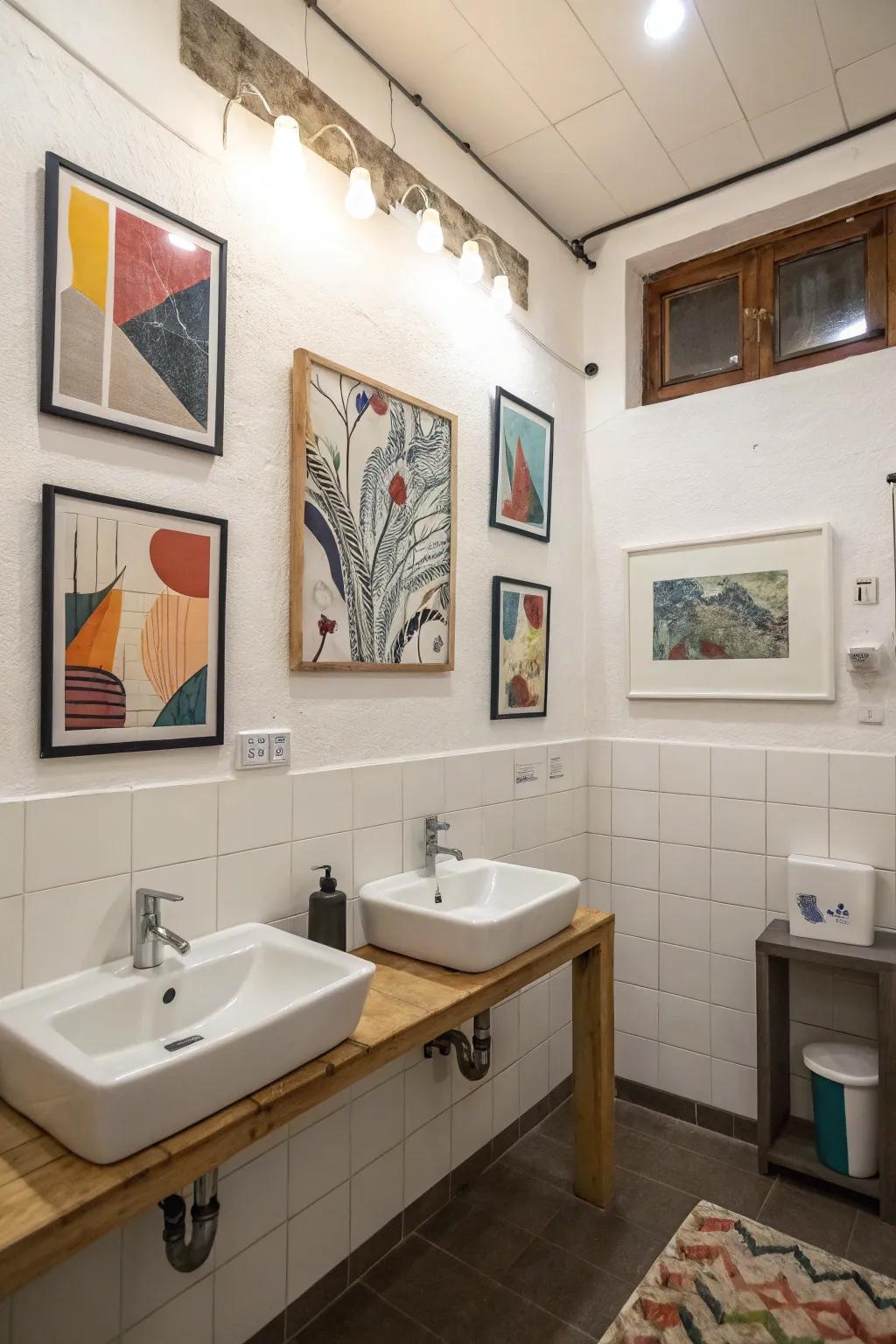 Abstract art adds sophistication and personal flair to the bathroom.
