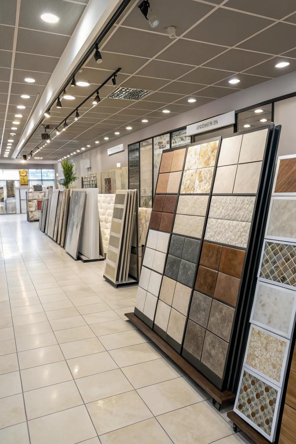 Variety of tile finishes showcased for diverse preferences.