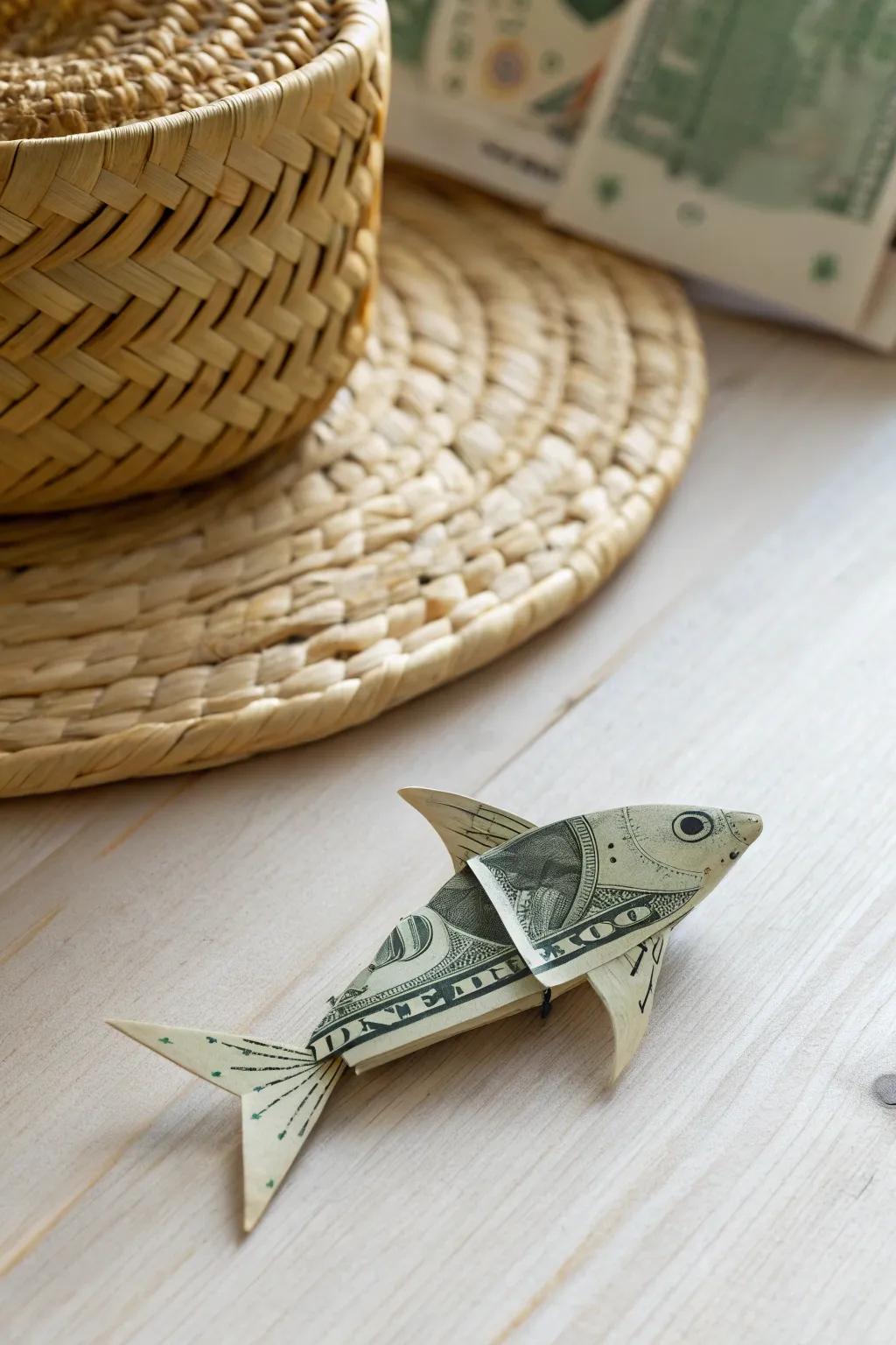 Crafted Elegance: Dive into the art of money origami with this sleek dollar fish, perfect for adding a touch of whimsy to any setting.
