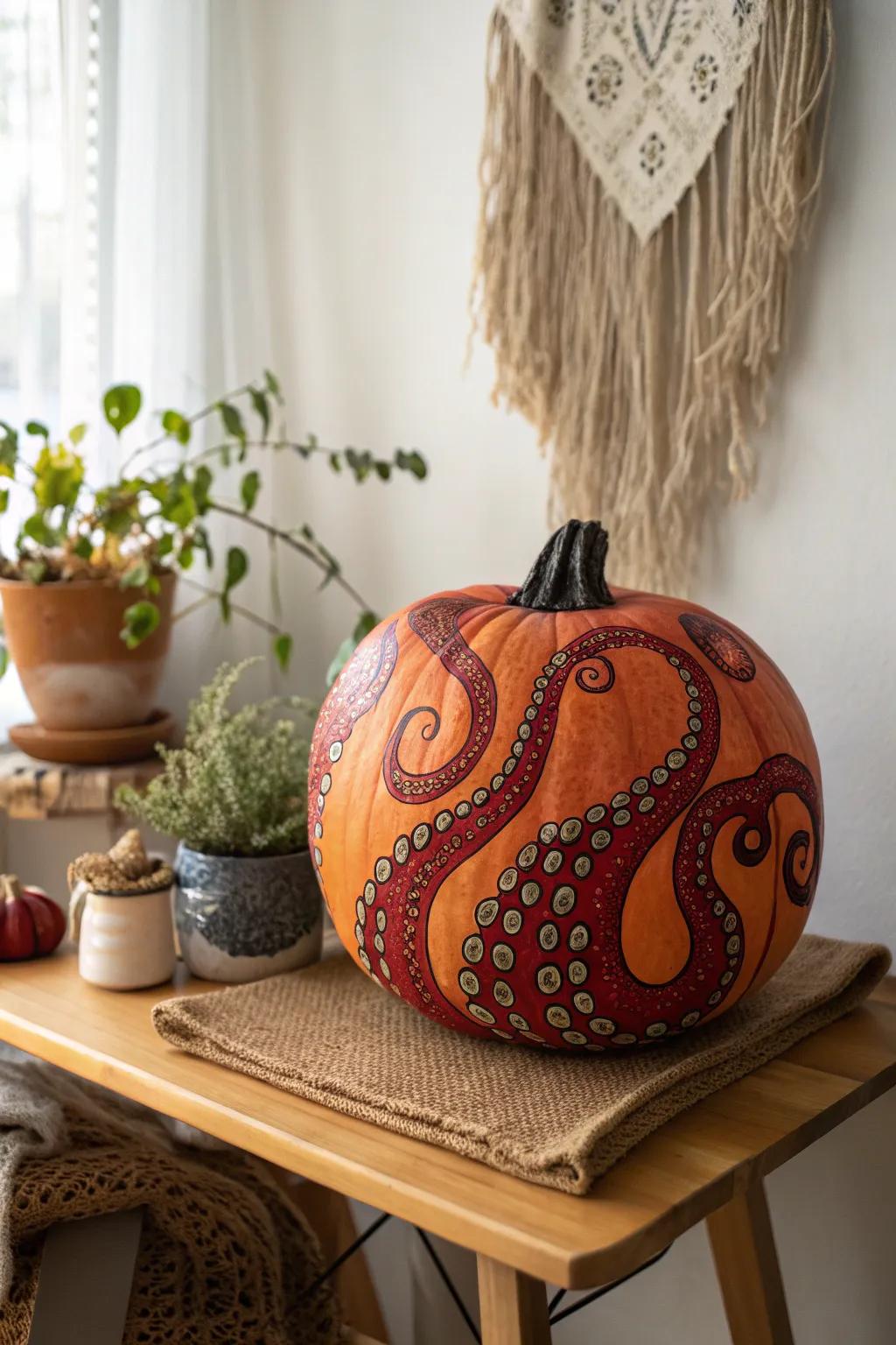 Embrace the sea-monster vibe with this Tentacle Terror pumpkin for an artistic autumn centerpiece!