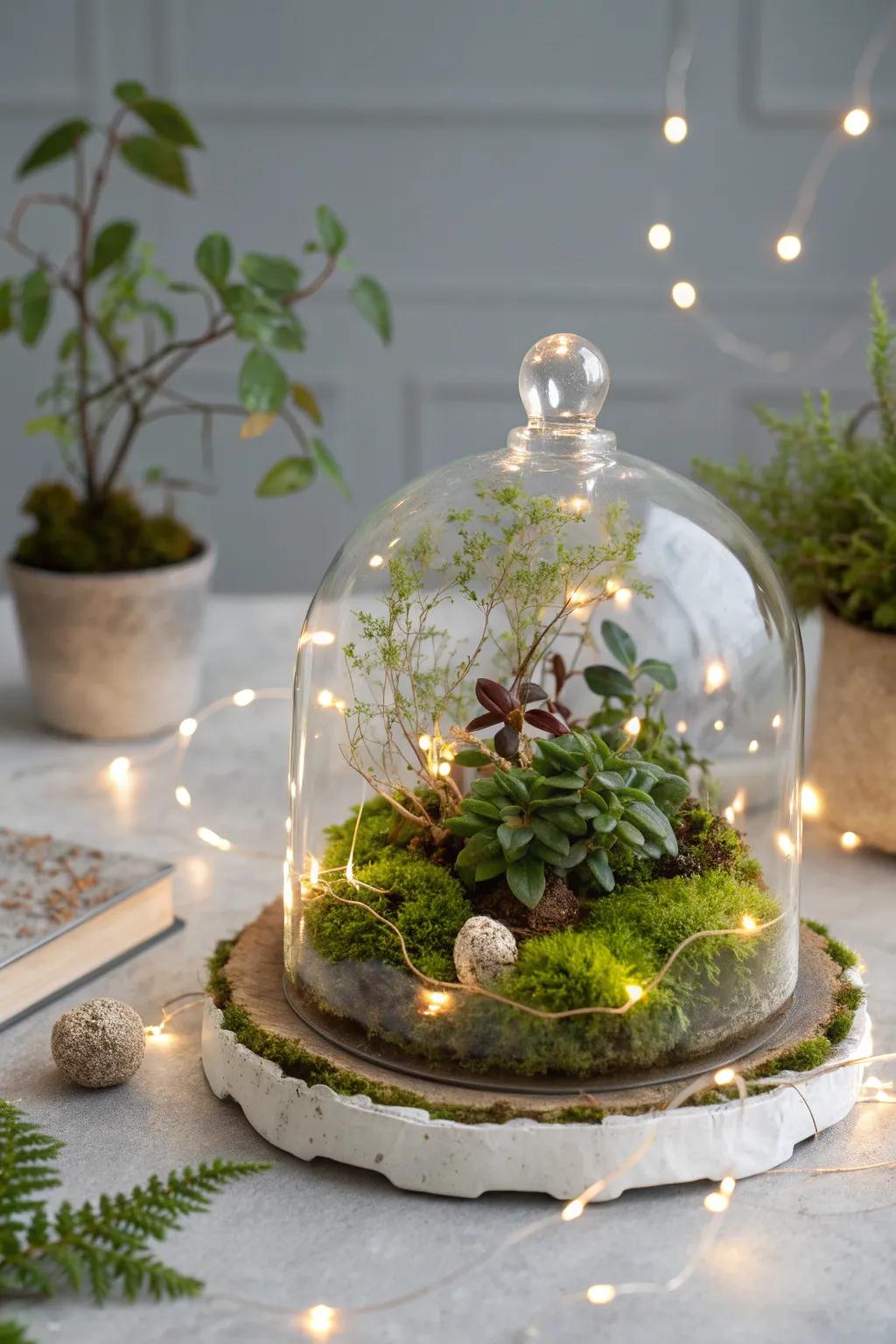 Enchant your space with a glowing moss terrarium that captures the essence of minimalist elegance and cozy warmth.