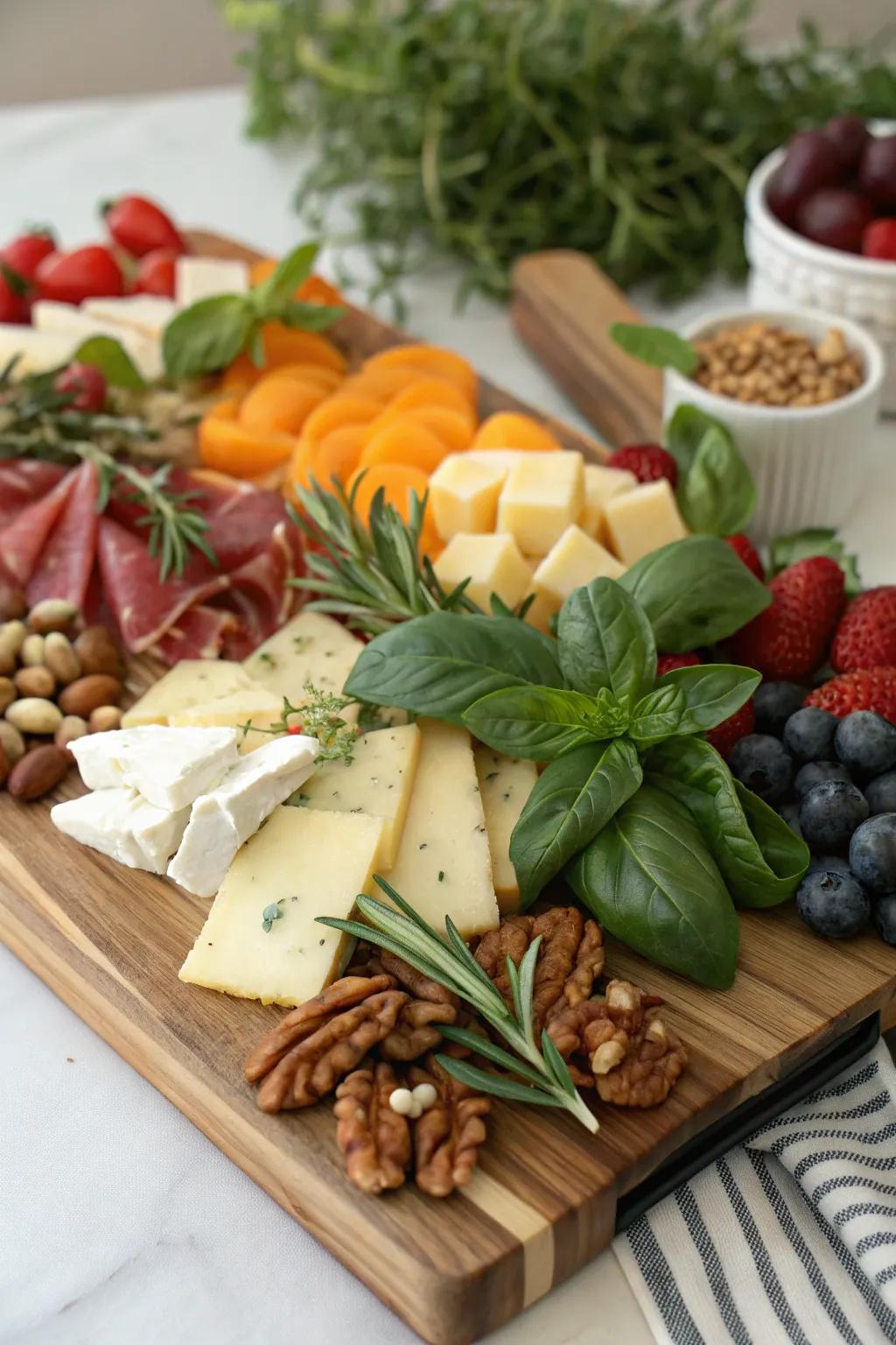 Fresh herbs like basil add fragrance and elegance to your board.