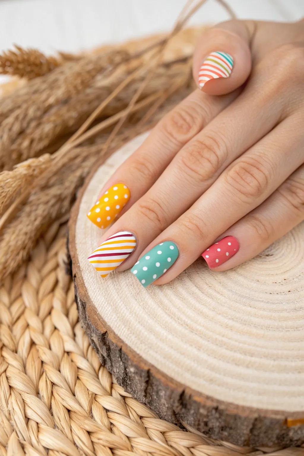 Retro Revival: Playful polka dots meet vintage stripes for a chic, nostalgic nail art look.