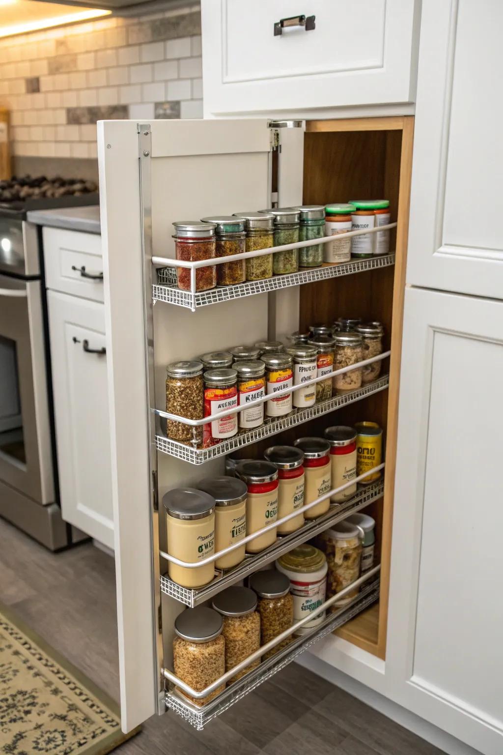 Tiered organizers make it easy to see and access stored items.