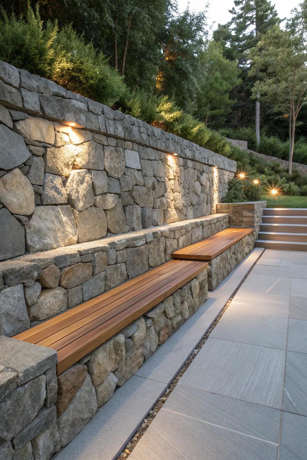 Transform your outdoor space with stylish and functional built-in seating on a natural stone retaining wall.