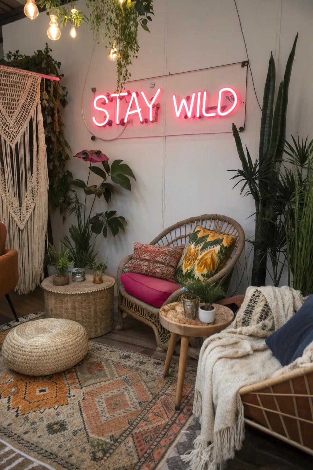 A bohemian living space with a 'Stay Wild' neon sign.